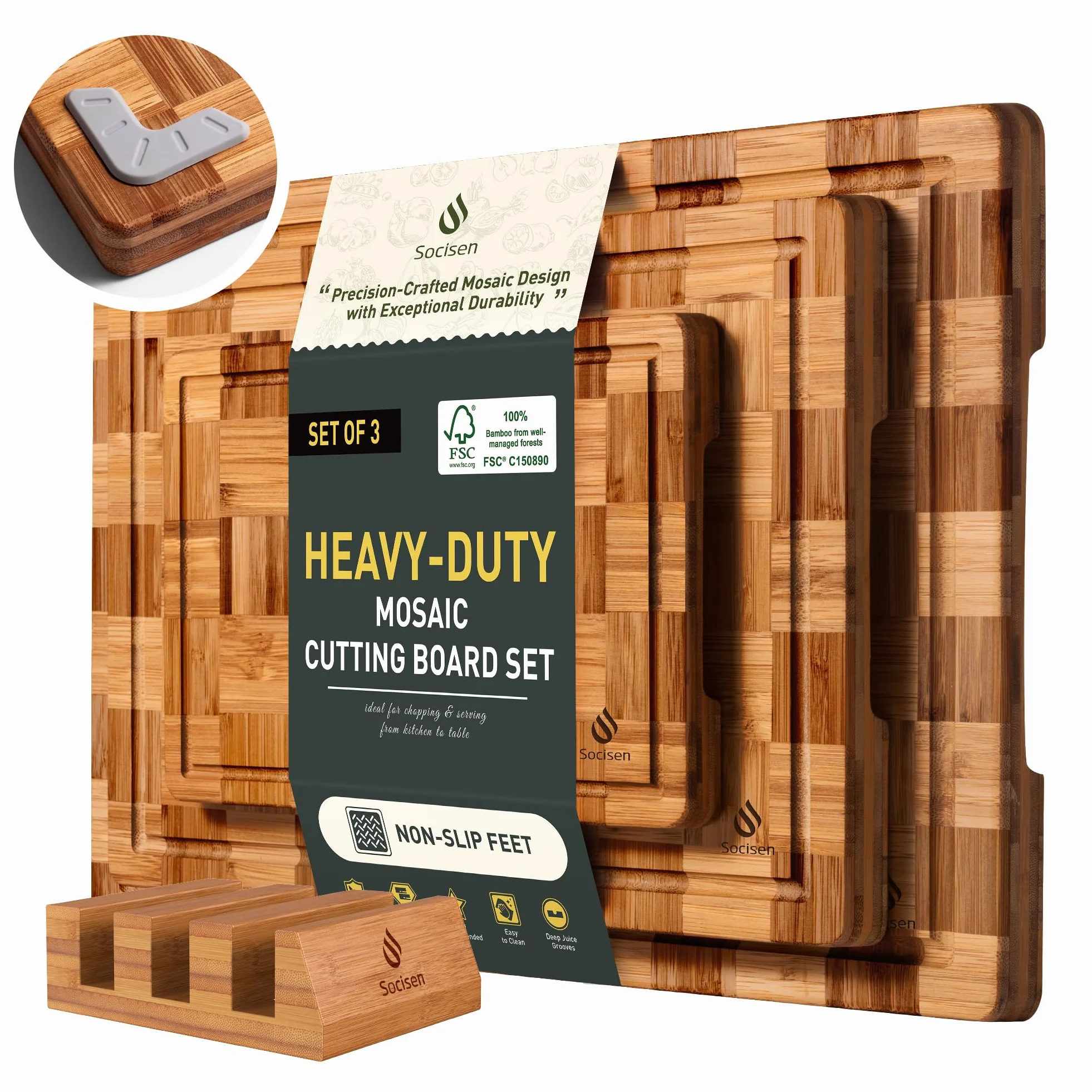 Juego de 3 tablas de cortar de bambú resistentes antideslizantes sobre el fregadero, bonita tabla de cortar de madera gruesa de grano sólido con ranura para jugo, extra grande, grande, pequeña, la