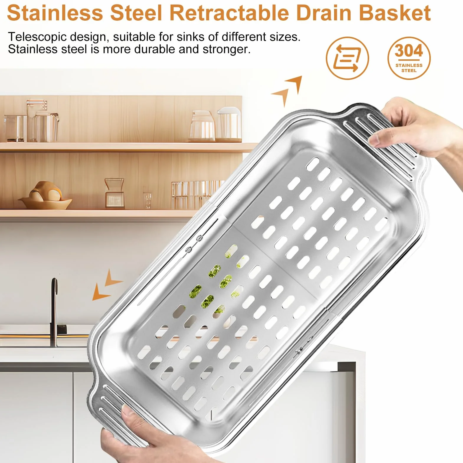 Escurridor Fregadero, Colador Fregadero Retráctil De Acero Inoxidable, Colador de Cocina, Escurridor Verduras Ideal para Lavar Verduras Y Frutas, Escurrir Pasta Cocida - Grande