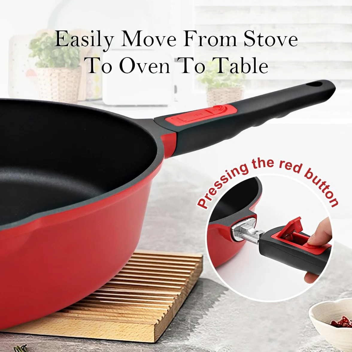 Sartén de 28 cm, juego de 4 piezas Sartén antiadherente (sartén con tapa, cesta vaporera/colador, espátula de silicona), con mango extraíble, apta para horno (Rojo-negro) | Mango desmontable, apto para todas las estufas, incluyendo inducción, sin PTFE, PF