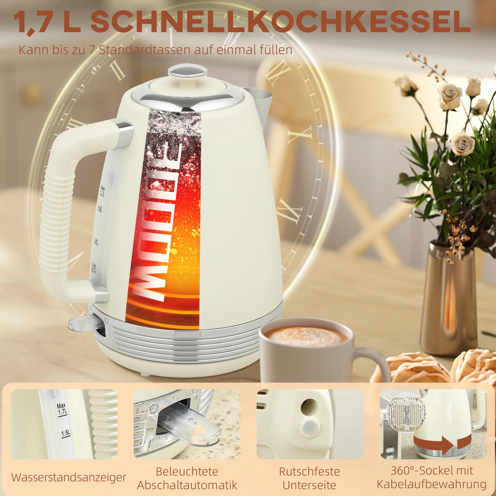HOMCOM Hervidor tostador Set de desayuno con tostador de 4 rebanadas, hervidor de 1,7 litros, 2200 W, 7 niveles de tostado, bandeja recogemigas, descongelación, recalentamiento y termostato Strix,
