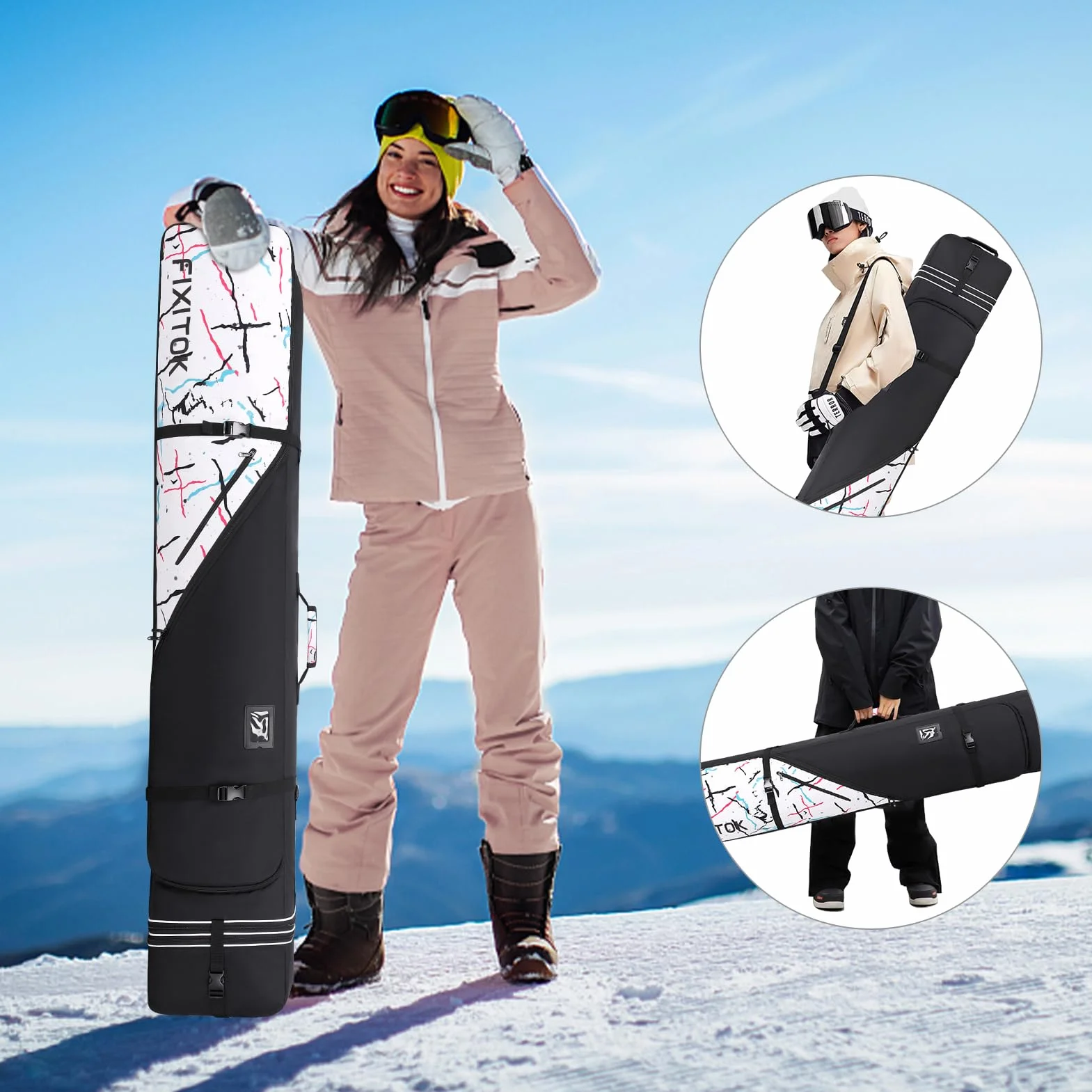 FIXITOK Bolsa de Snowboard y Esquí Impermeable Acolchada 157-181 cm