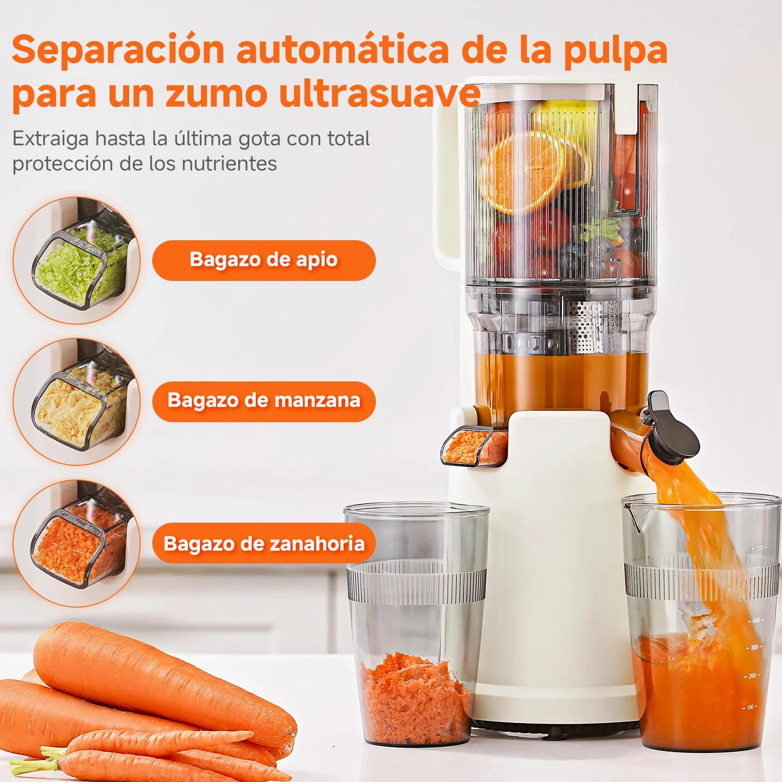AOBOSI Extractor De Zumos Y Verduras – Boca XXL de 135 mm para Frutas y Verduras Enteras – 1.5 L, 200 W, Extractor de jugos Cold Press Slow Juicer Machine con Sinfín Mejorado
