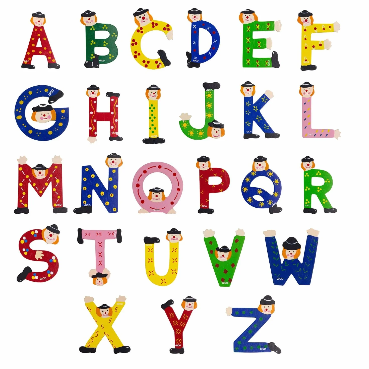 GICO Letras de madera para niños decoración puerta payasos divertidos A-Z 9 cm (U)