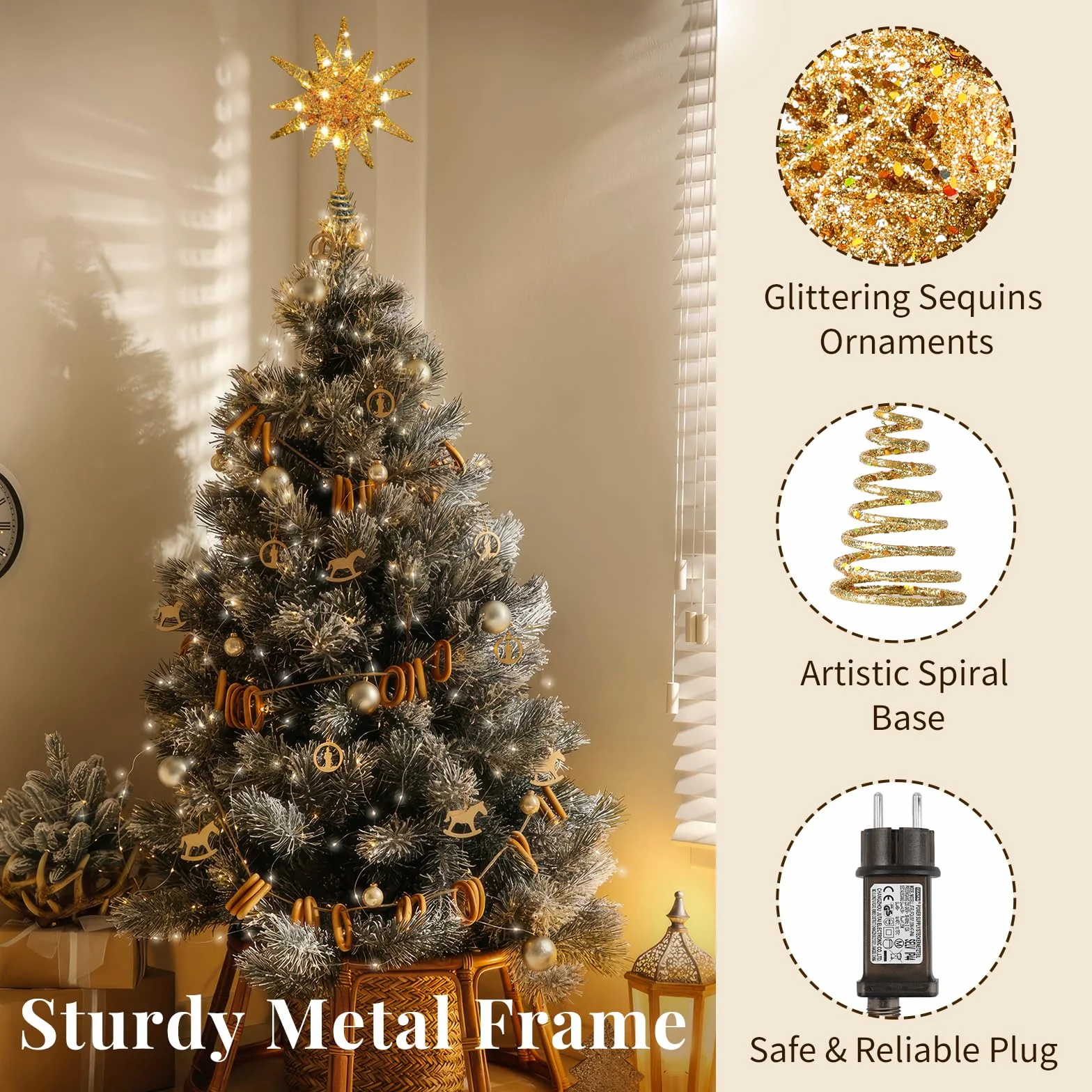 Lewondr Estrella para Árbol de Navidad, 11" Enchufable y Control Remoto Estrella de Copa Geométrica 3D Iluminada para Decoración Navideña, Función Temporizador y Cable 5m, Luz Cálida, Oro