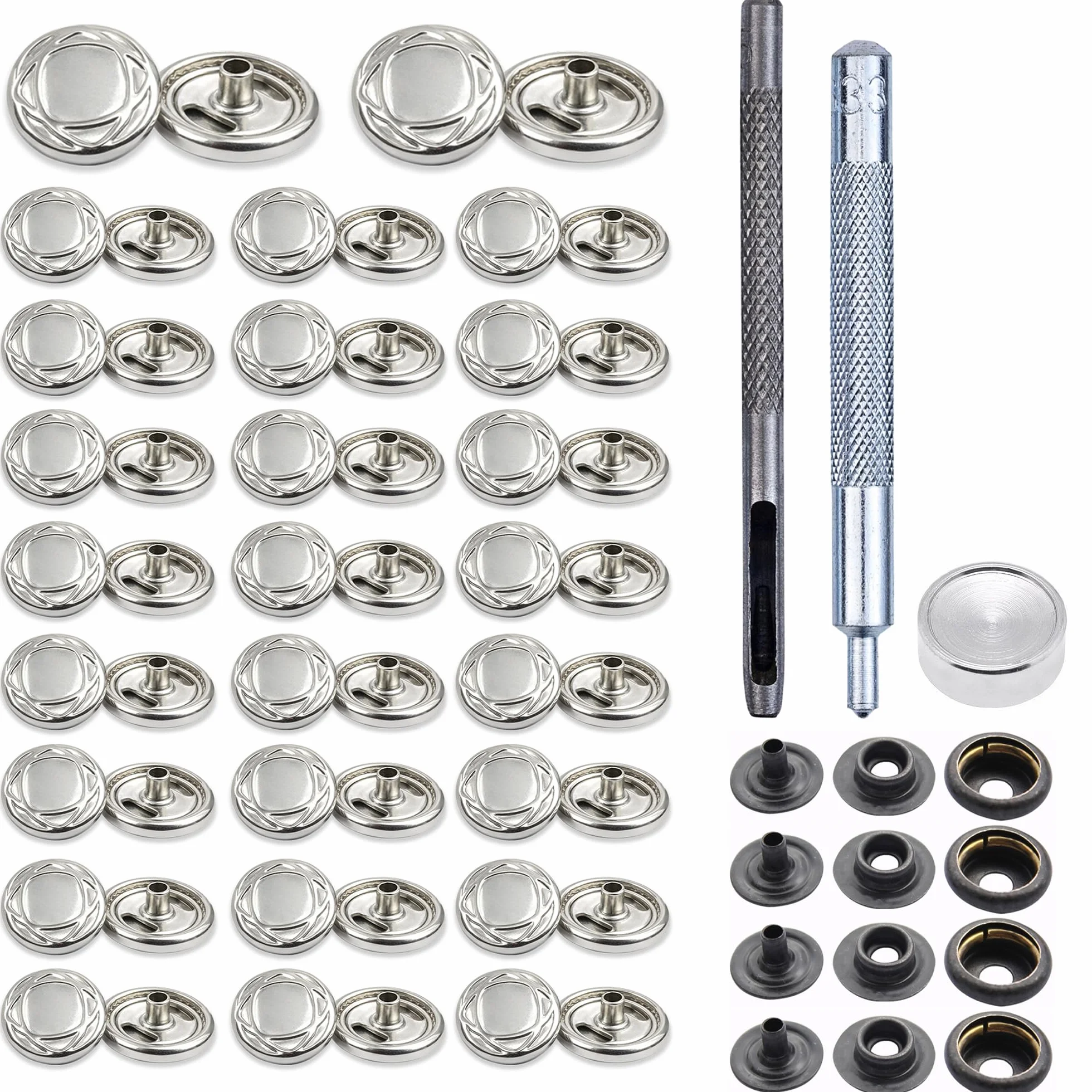 Trimming Shop 15mm Botones a Presión 4 Parte, Durable y Ligero Metal Cierres con Mano Fijación Herramienta para Jeans, Cuero, Tiras Costura Proyectos, Ropa Reparación - Plateado con Diseño, 1000pcs