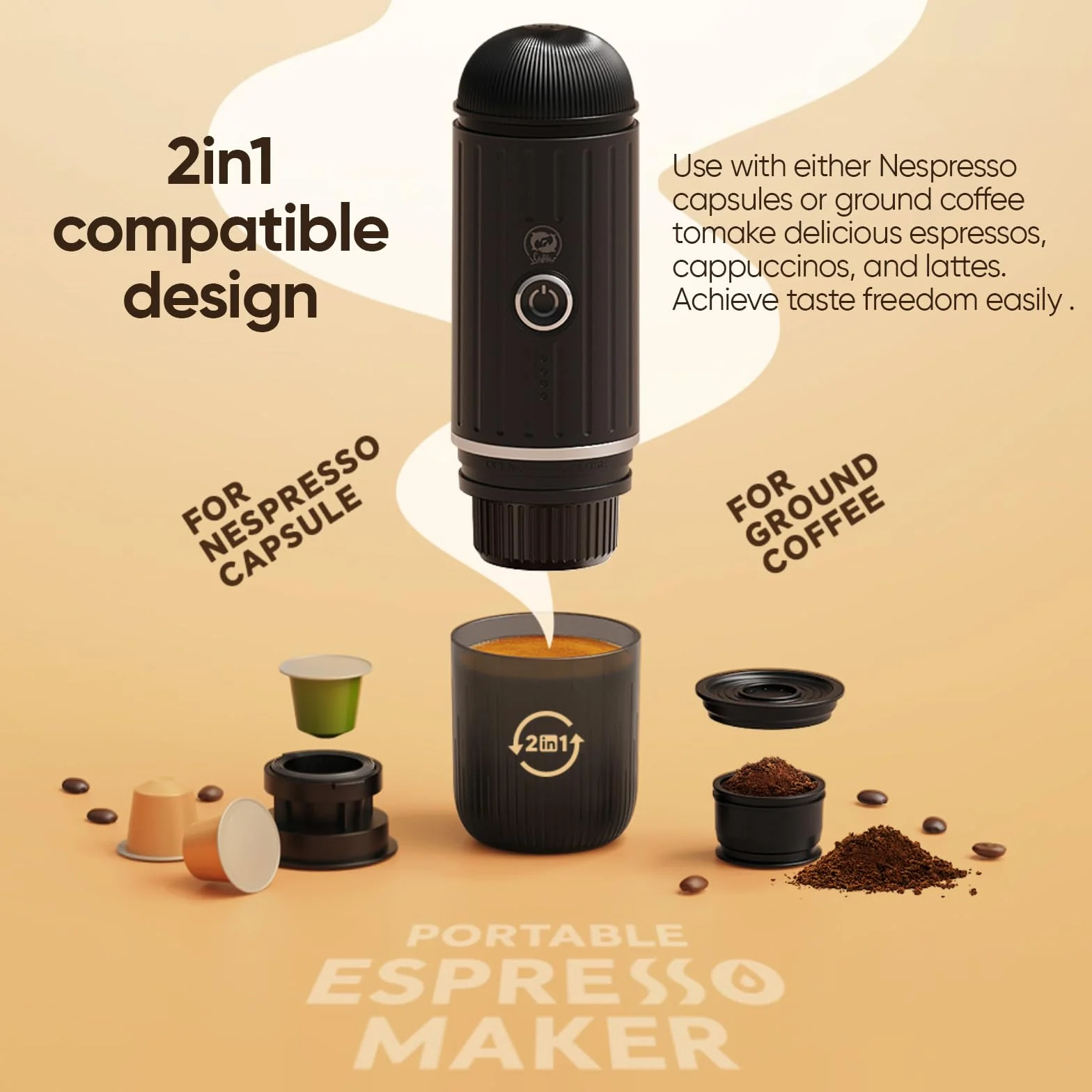 Máquina de café café N-espresso y molido, con calefacción, portátil, portátil, con calefacción, compatible con cápsulas N-espresso y café molido, 7500 mAh USB, y cafetera recargable (blanco)