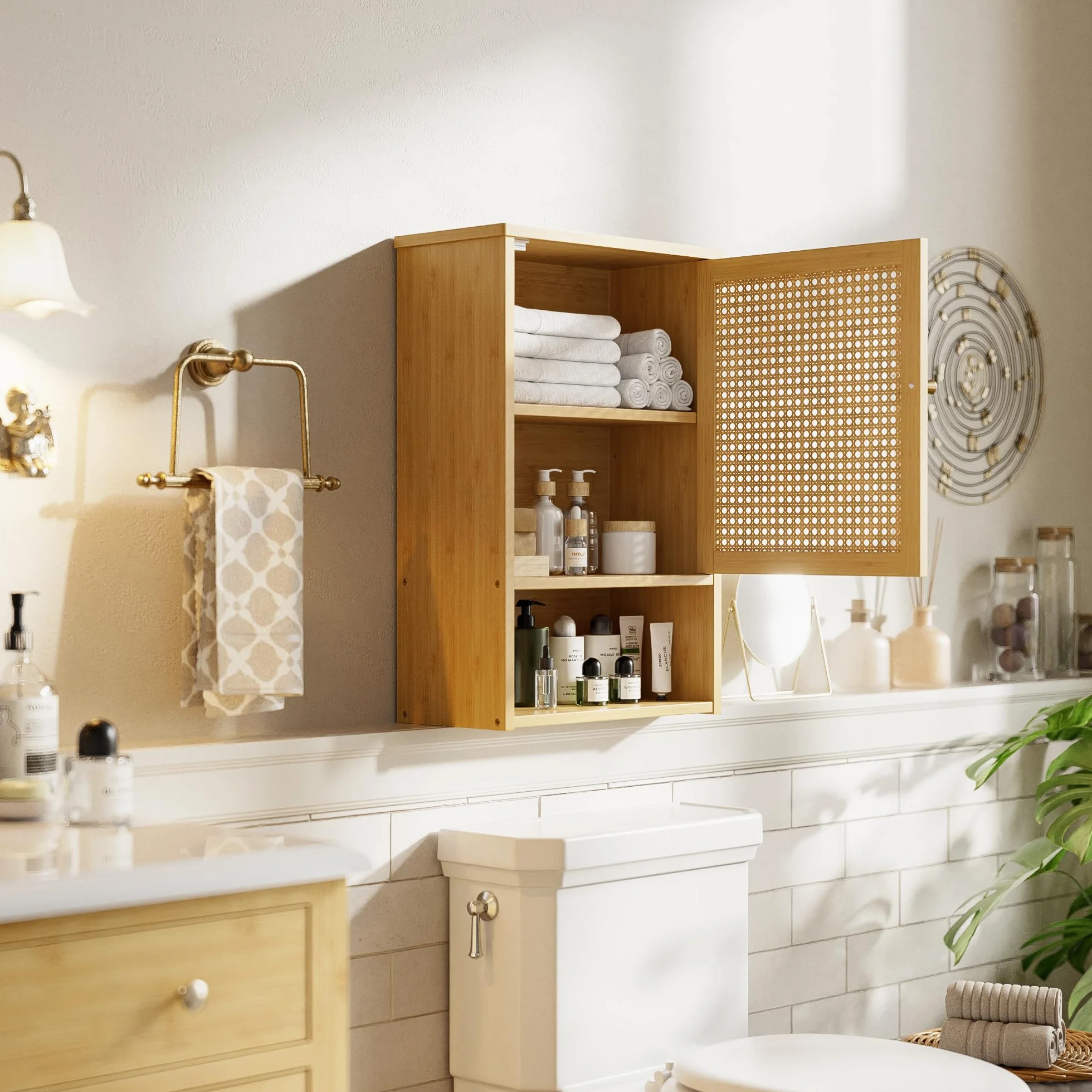 Armario de Pared para Baño, Organizador de Bambú para Almacenaje sobre el Inodoro con Puertas de Ratán y Estante Ajustable, Botiquín Ahorrador de Espacio para Lavandería, Cocina (Natural)