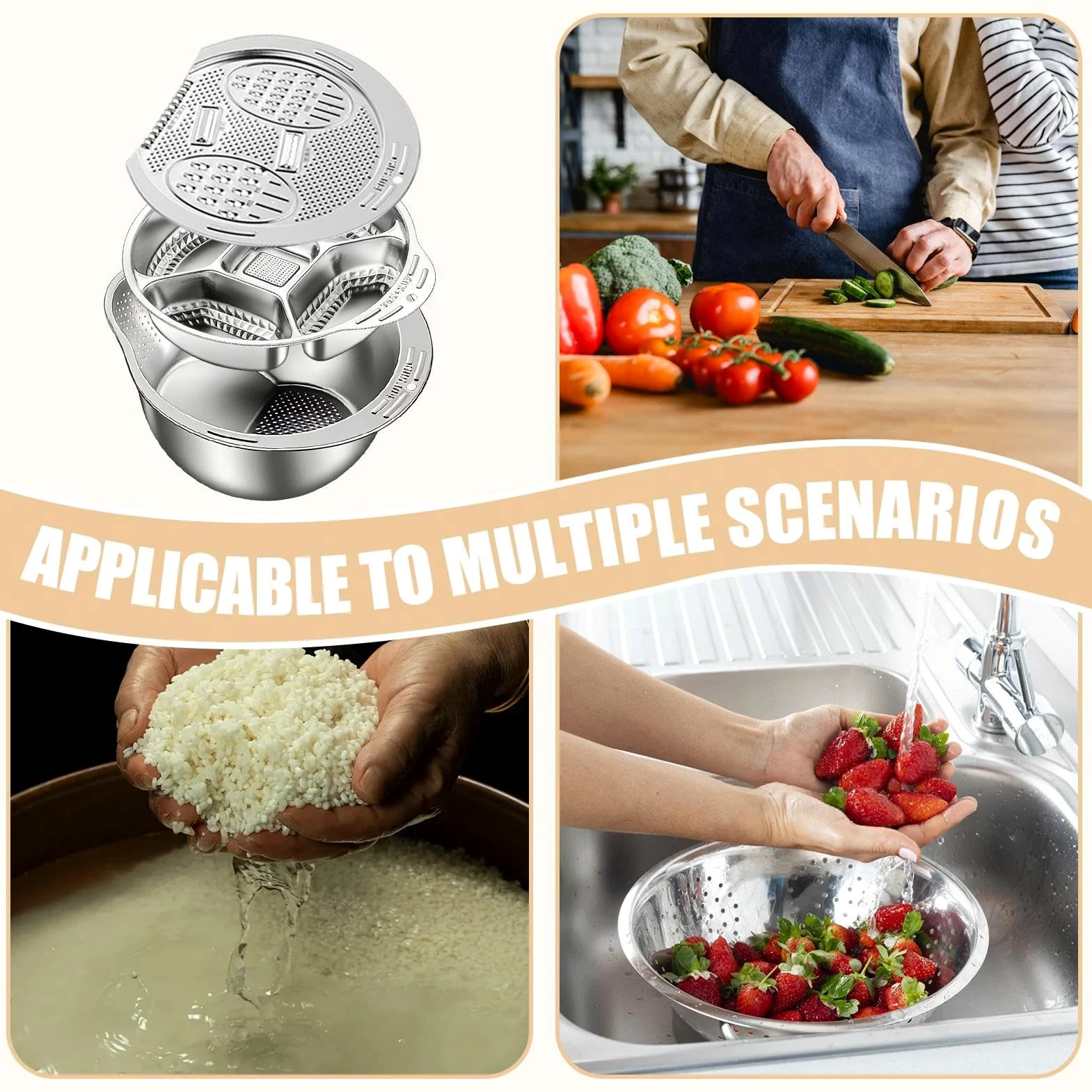 Cuenco Colador para Lavar Arroz Set de Colador de Fondo Inclinado | con Escurridor Lateral y Fondo Inclinado para Remojar Arroz para Cocina Restaurante Verduras Frutas Jengibre Cebolleta