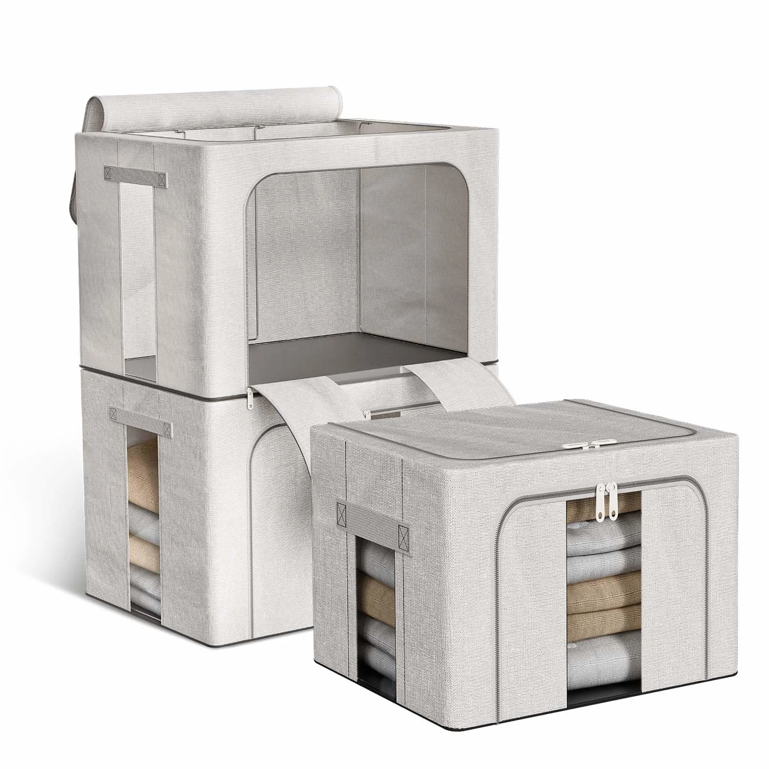 3 Piezas 24L Cajas Almacenaje Ropa Con Marco De Metal, Organizador Armario Apilable, Cajas De Almacenaje De Ropa Bolsa Para Guardar Ropa Plegable Para Ropa De Temporada Y Ropa De Cama Gris