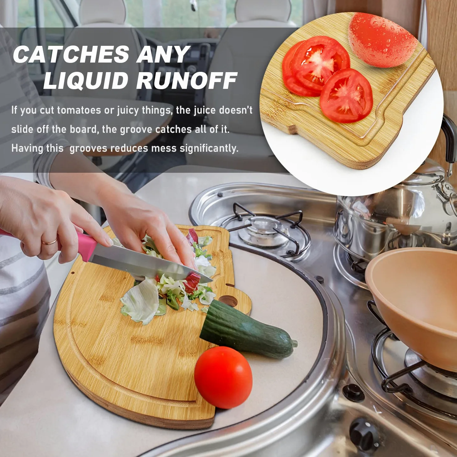 Juego de tablas de cortar de bambú para caravana, accesorios de cocina, 2 piezas, juego de tablas de cortar de madera RV con ranuras para jugo, agujero para colgar, para carne, verduras y queso,
