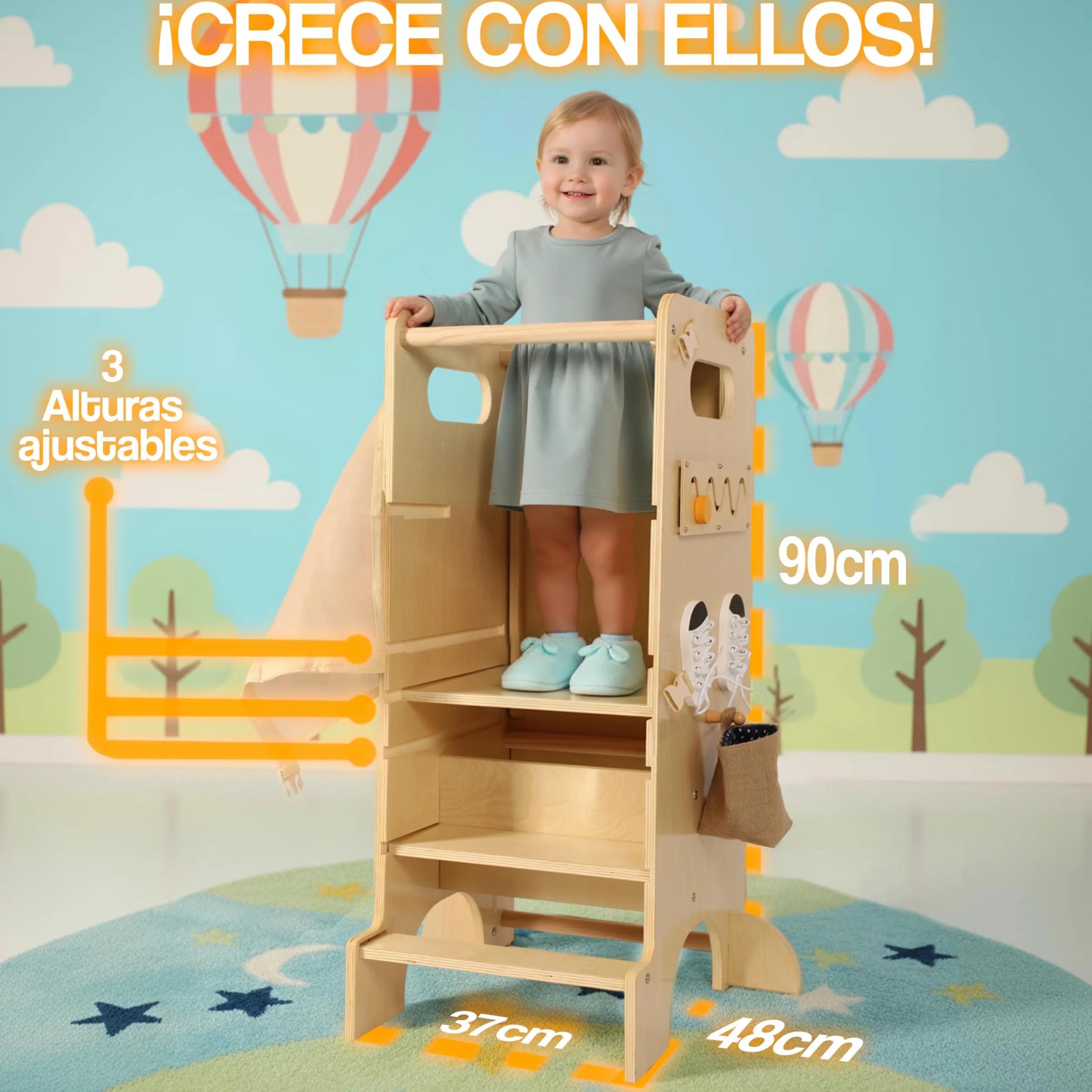 Torre de Aprendizaje Montessori de Madera Multifuncional con Juegos Sensoriales Infantiles