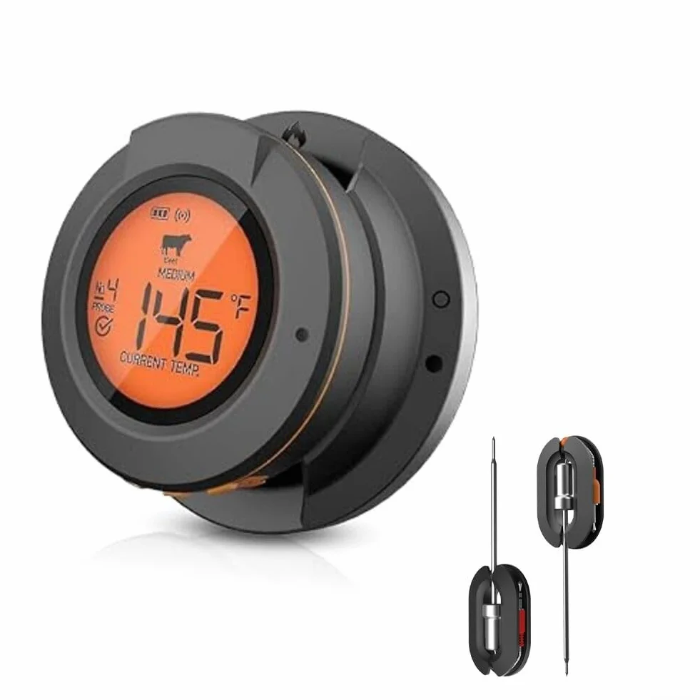 Termómetro inalámbrico para carne con 4 sondas, parrilla digital para cocinar, termómetro de alimentos de acero inoxidable, control de aplicación de largo alcance (termómetro+2 sondas)