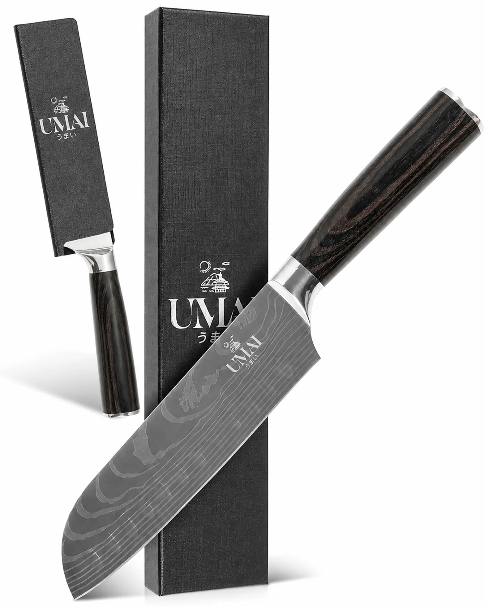 UMAI Cuchillo Santoku 18 cm (7") – Cuchillo de Cocina Japonés de Acero Inoxidable 7Cr17MoV con Patrón de Damasco – Mango Ergonómico de Madera Pakka, Hoja Alveolada – Incluye Funda Protectora