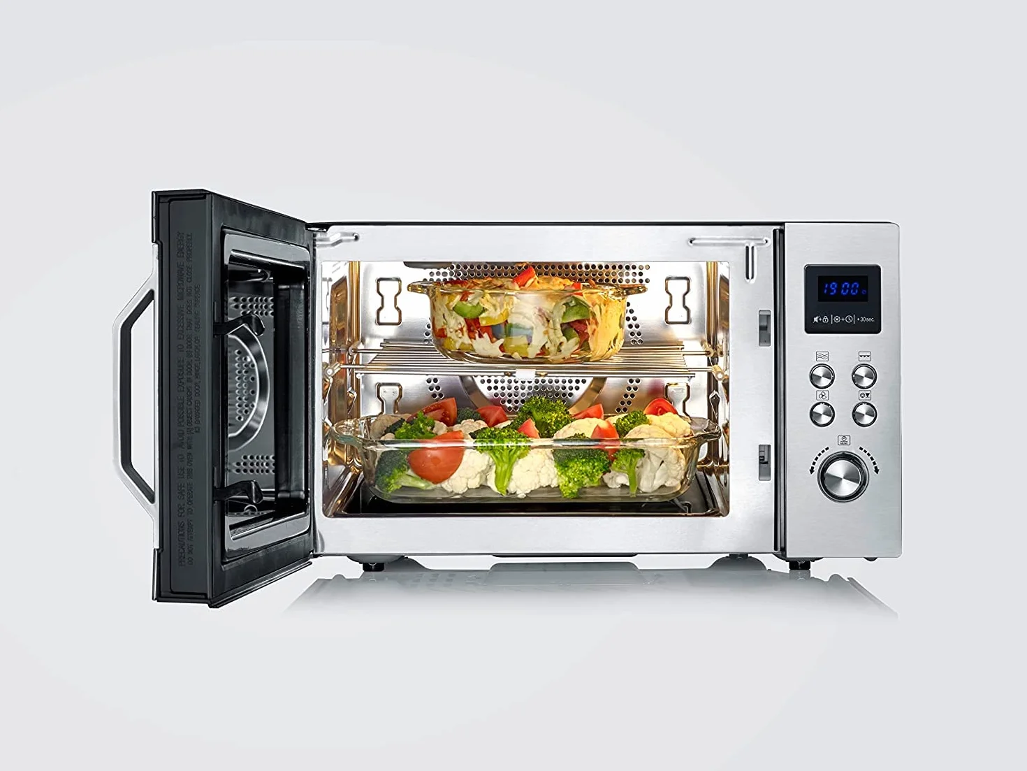 SEVERIN Microondas 3 en 1, microondas con grill, convección y base de vidrio, microondas digital amplio para platos cuadrados, acero inoxidable/negro mate, MW 7777