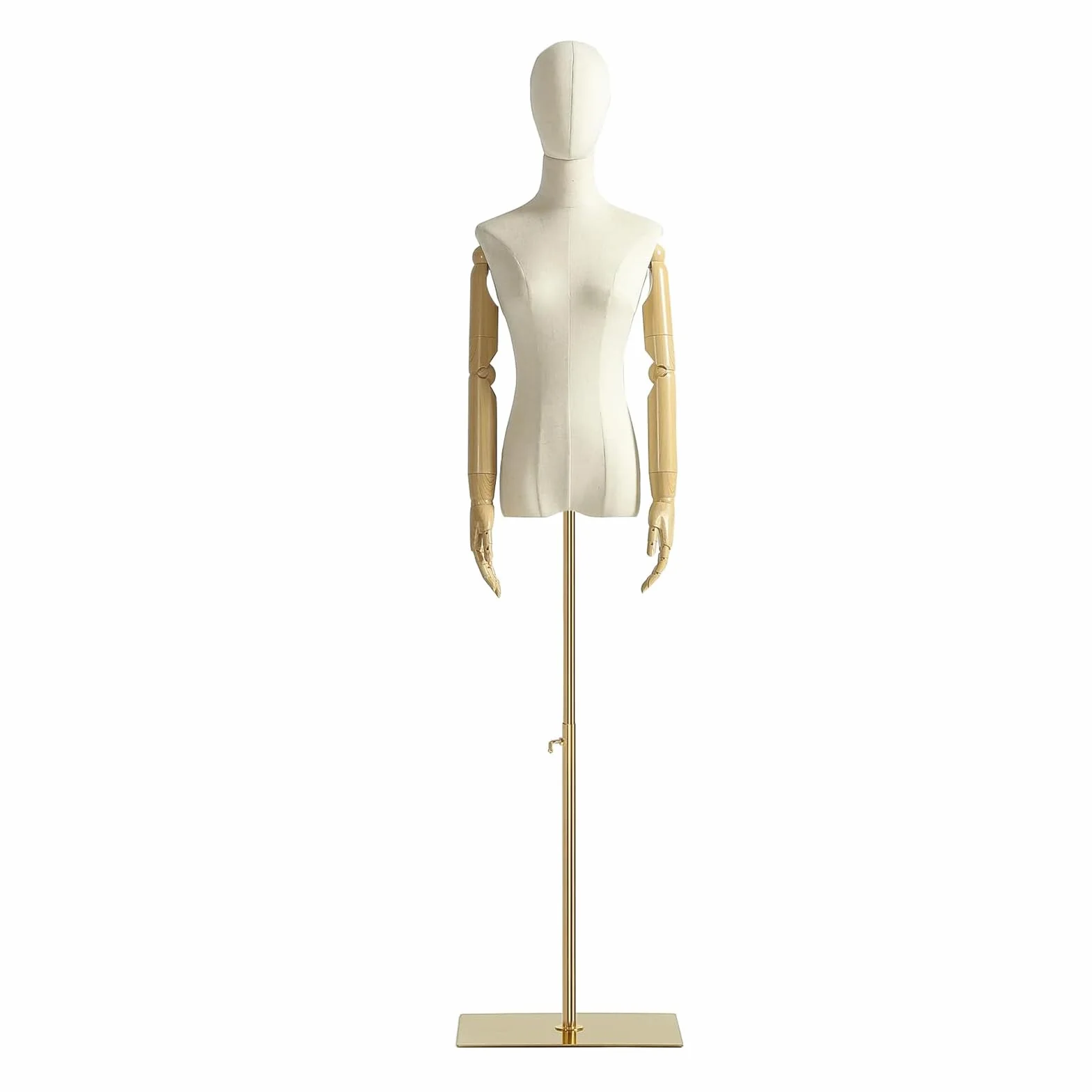 Maniquí Femenino con Forma de Torso de Vestido, Cuerpo de maniquí con Cabeza Desmontable, Manos de Madera y Soporte Dorado Ajustable de 55 a 80 Pulgadas de Altura, para exhibición de Joyas de Vestir