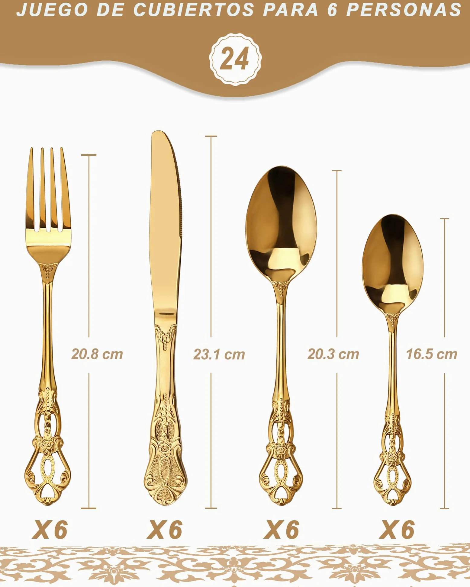 Juego de Cubiertos de Oro Retro para 6, Hermoso Set Dorado de Acero Inoxidable 24 Piezas, Servicio para 6, Tenedor Cuchara Cuchillo, Estilo Barroco Antiguo
