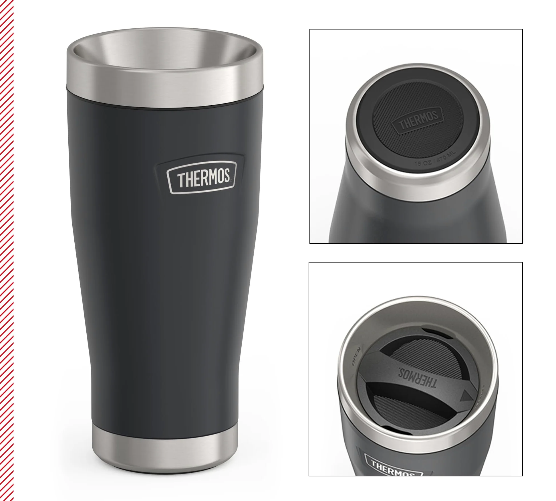 Thermos ICON MUG 0,47 l, gris oscuro/grafito mate, taza térmica de 470 ml, taza de café para llevar, de acero inoxidable, vaso térmico, 7 horas de calor/22 h frío, apto para lavavajillas, | Taza térmica de acero inoxidable a prueba de fugas, 22 horas, apt