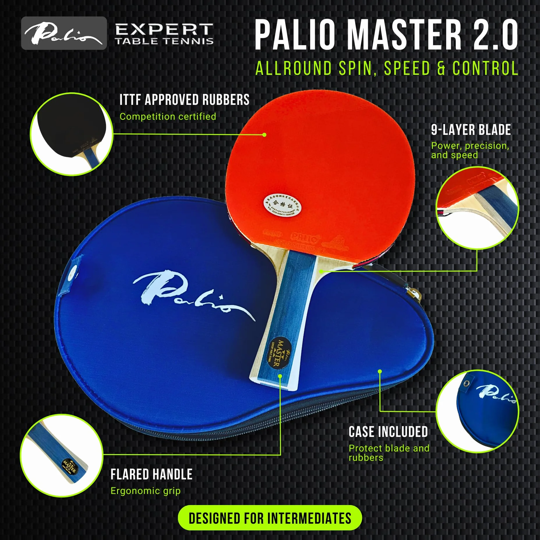 Palio Master 2.0 Raqueta de Ping Pong Intermedia ITTF Giro Velocidad Control