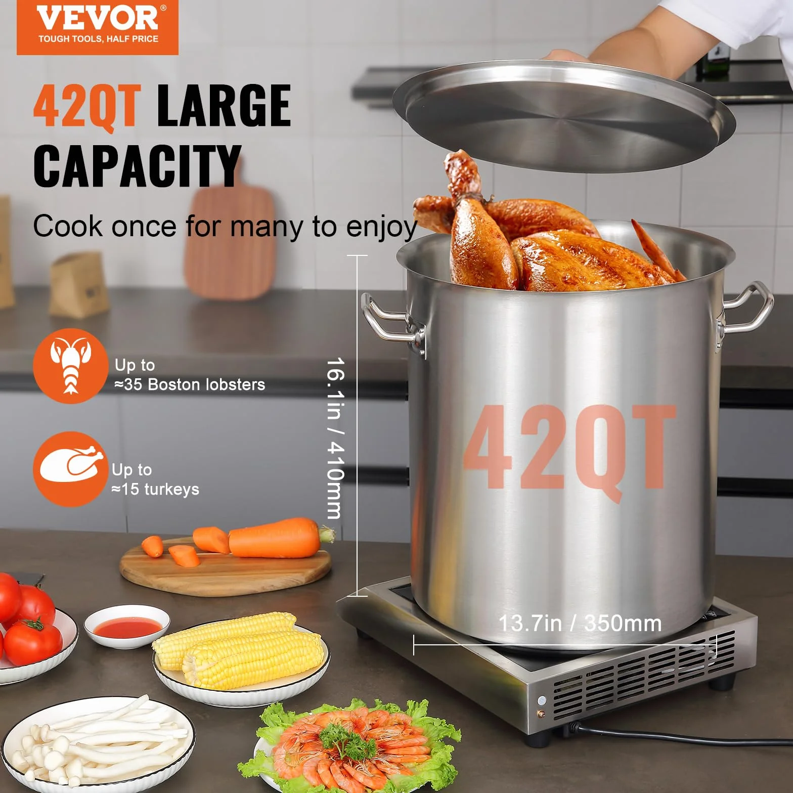 VEVOR Olla para Sopa 39,7 L Olla con Tapa y Asa Diámetro de 35 cm Alto de 41 cm Grande de Acero Inoxidable, Llama Abierta e Inducción para Eventos Comerciales, Restaurantes