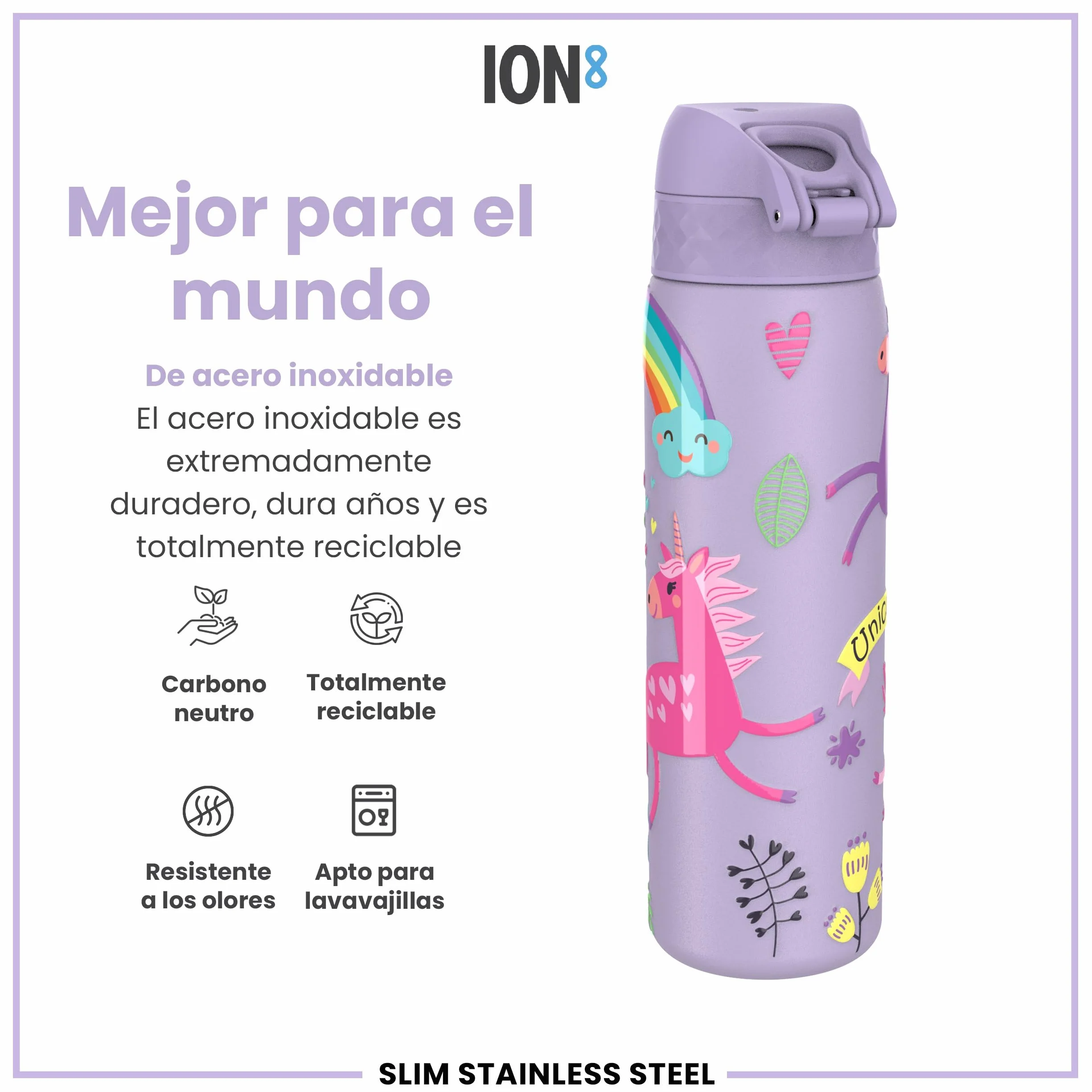 ion8 Botella Agua Inox 600ml Sin Aislamiento a Prueba de Fugas Fácil de Abrir Cerradura Segura Unicornios Púrpura