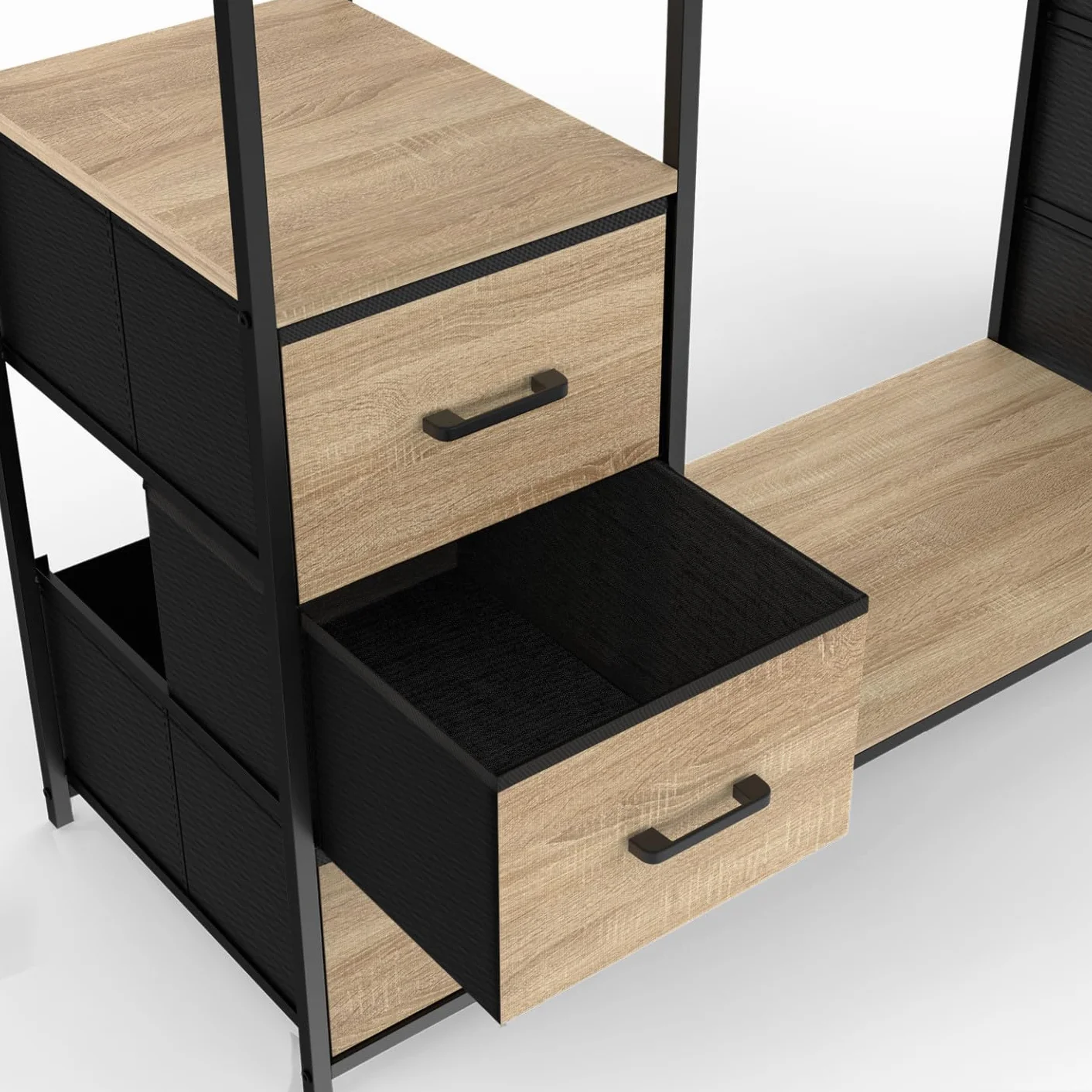 IDMarket - Vestidor doble armario + doble columna L. Utah 140 cm con 6 estantes y 6 bandejas de tela de madera y negro