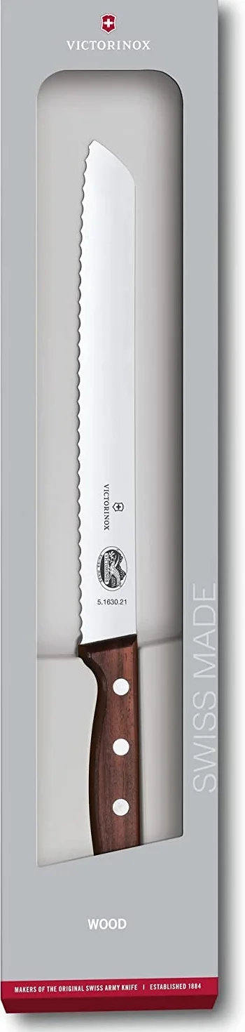 Victorinox Wood, cuchillo profesional para pan, filo dentado, hoja extra afilada, 21 cm, elegante mango de madera, acero inoxidable, marrón