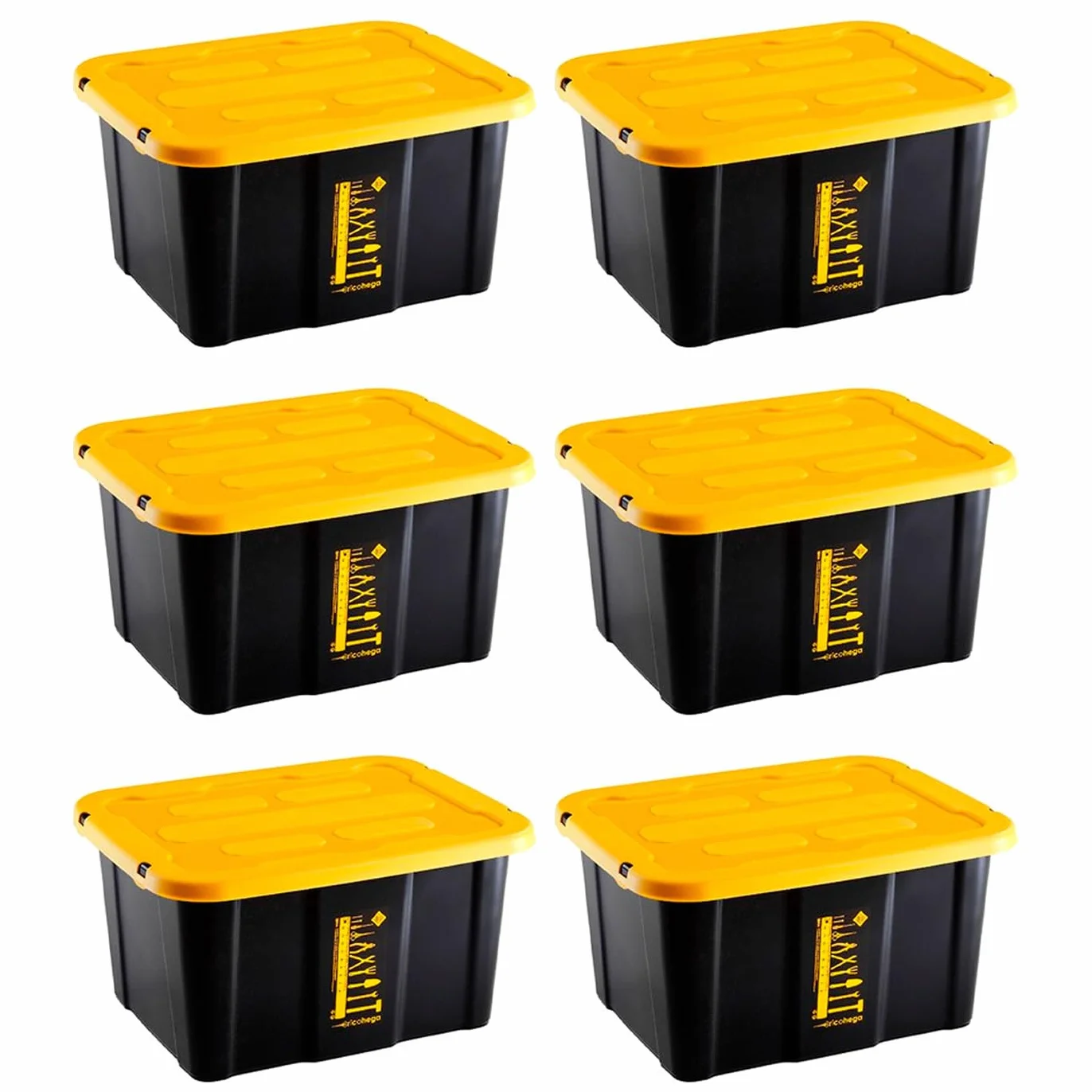 Acan Tradineur - Pack de 6 Cajas de almacenaje apilable con tapa, plástico, cajón multiusos, ordenación, herramientas, hogar, fabricada en España (30 litros - Amarillo/Negro - 48 x 35 x 25,5 cm)