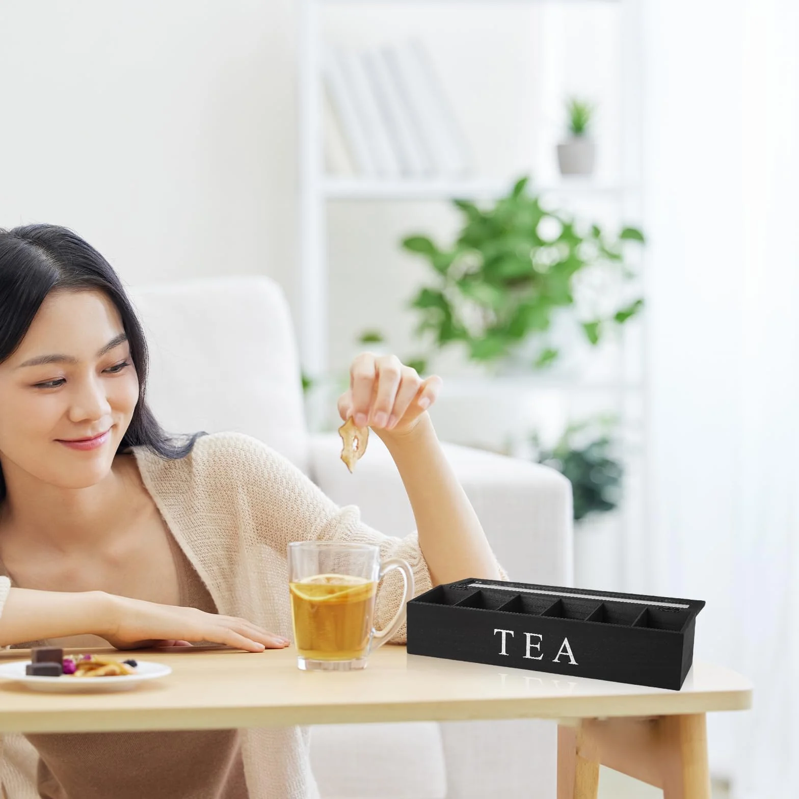 Organizador de bolsas de té con 6 compartimentos, 43 x 9 x 8,7 cm, cajas de té para bolsas de té, caja de almacenamiento de madera maciza negra, almacenamiento para bolsas de té, bolsas de especias
