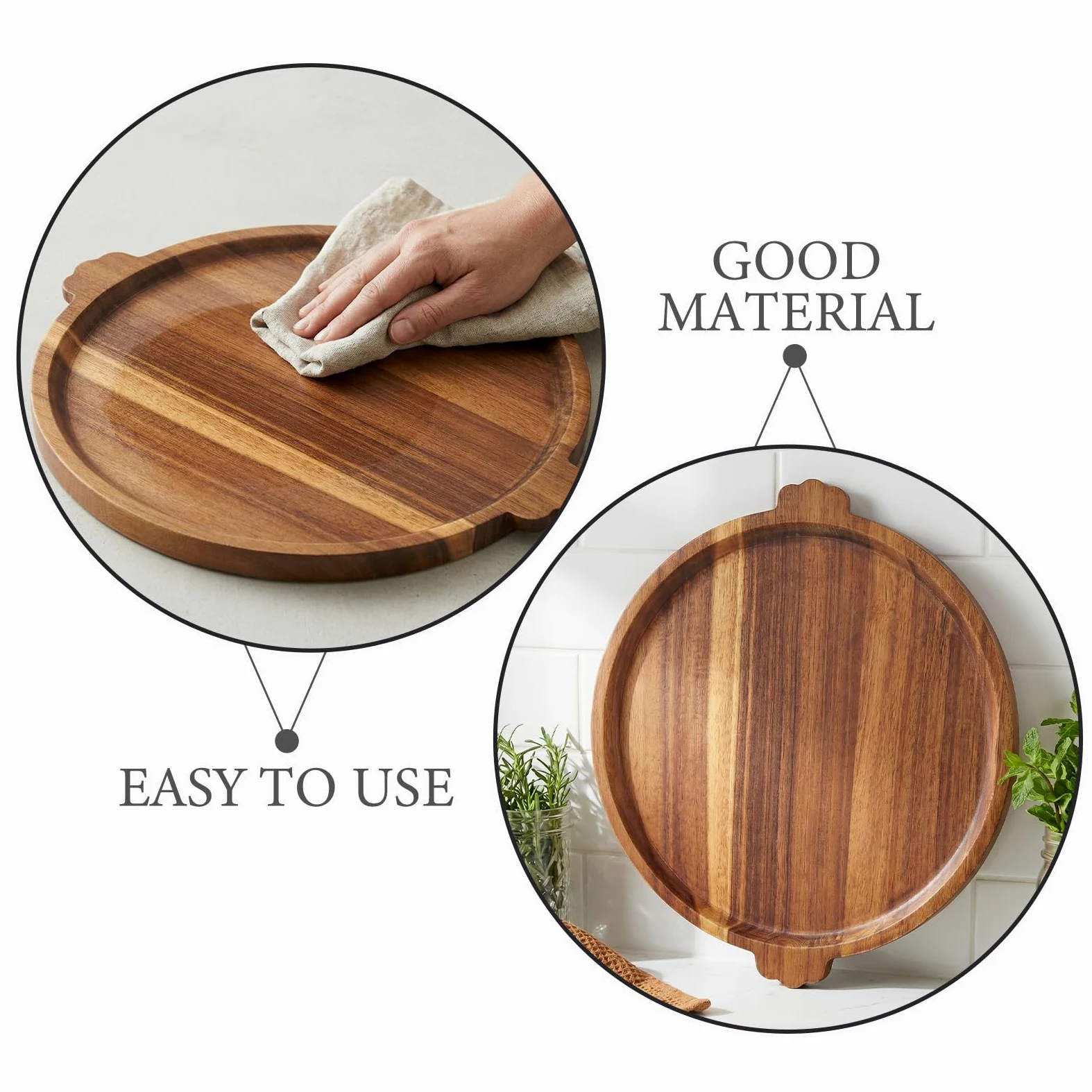 COLLBATH Bandeja Redonda Grande de Madera para Servir - Bandeja Circular de Madera con Asas - Plato Redondo para Servir Desayuno, Bebidas y Aperitivos en la Mesa del Comedor.