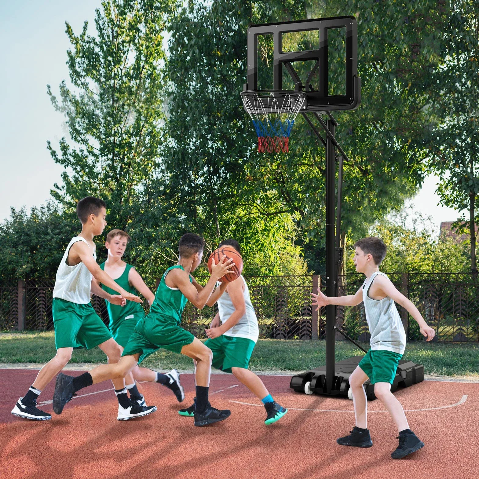 GOPLUS Canasta de Baloncesto Portátil Altura Ajustable 245-305 cm Base Rellenable Exteriores Interiores