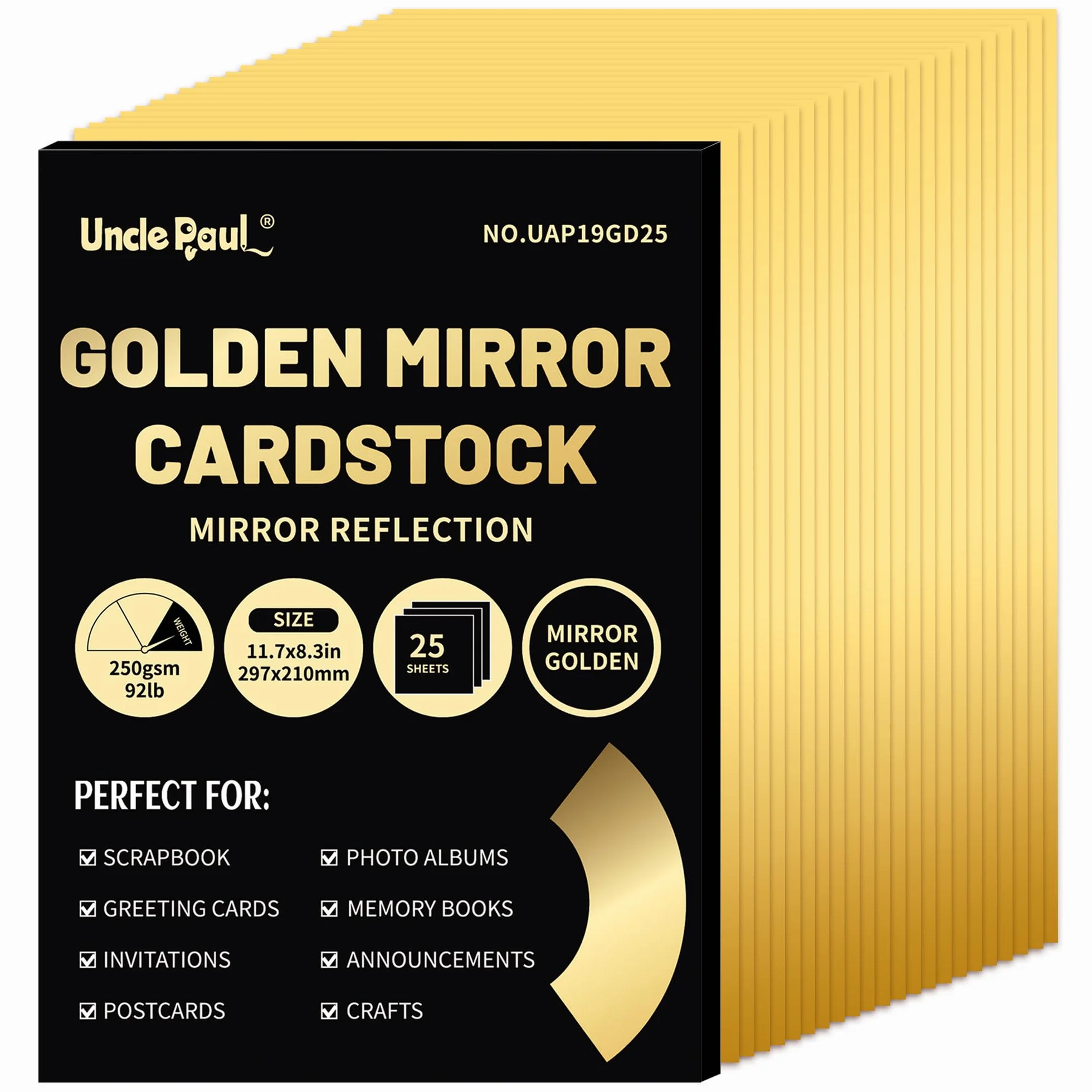 Cartulina con efecto espejo dorado A4, 25 hojas, 250 g/m²/92 lb, papel reflectante metálico para manualidades, cartulina laminada para proyectos de bricolaje, decoración de cumpleaños, UAP19GD25 | Uncle Paul Papel metálico reflectante para manualidades he
