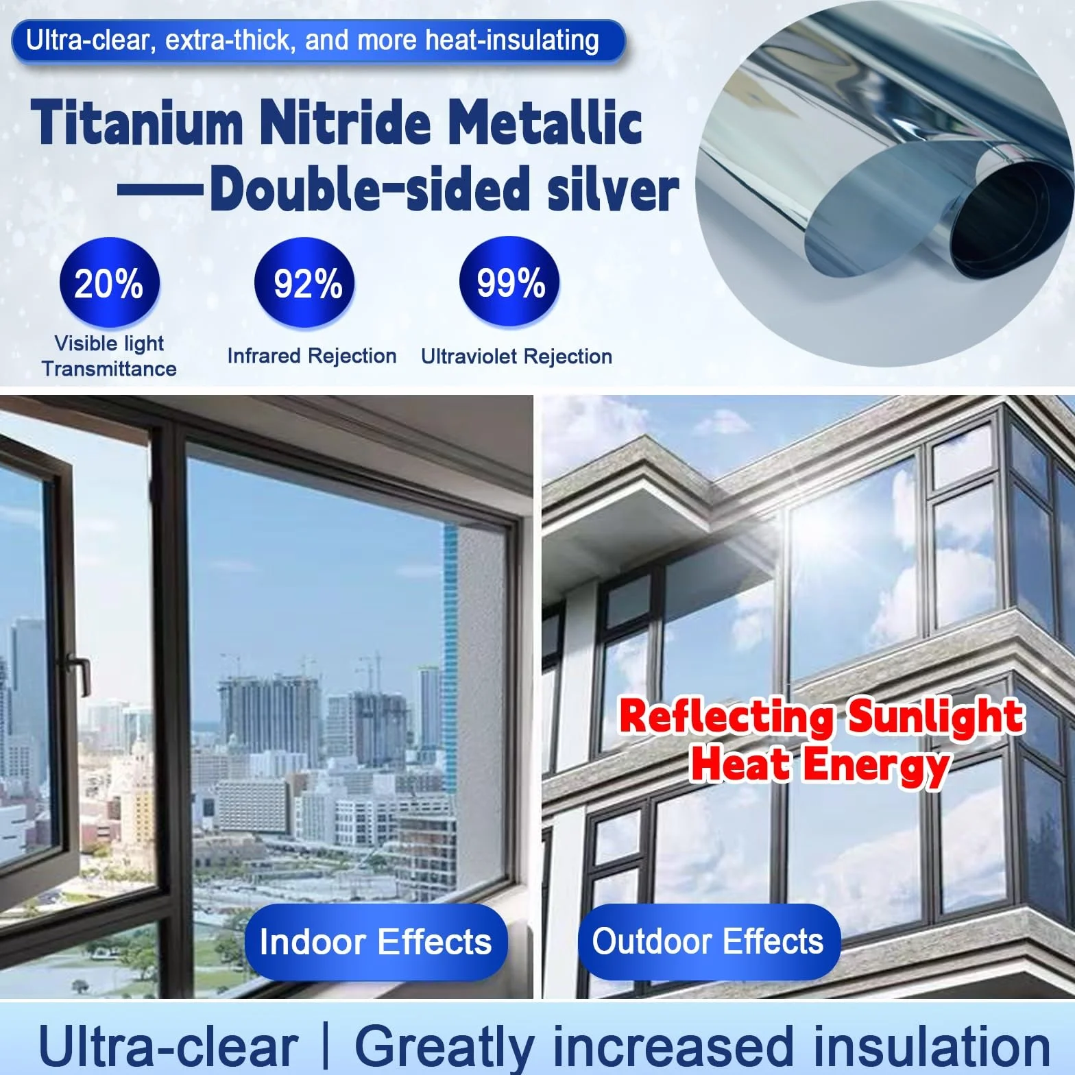 Vinilos para Ventanas 60 x 480 cm Cristal Unidireccional Protector de Privacidad Anti 99% UV y Anti 92% IR Película Opaca para Cristal para Hogar Oficina, Plata