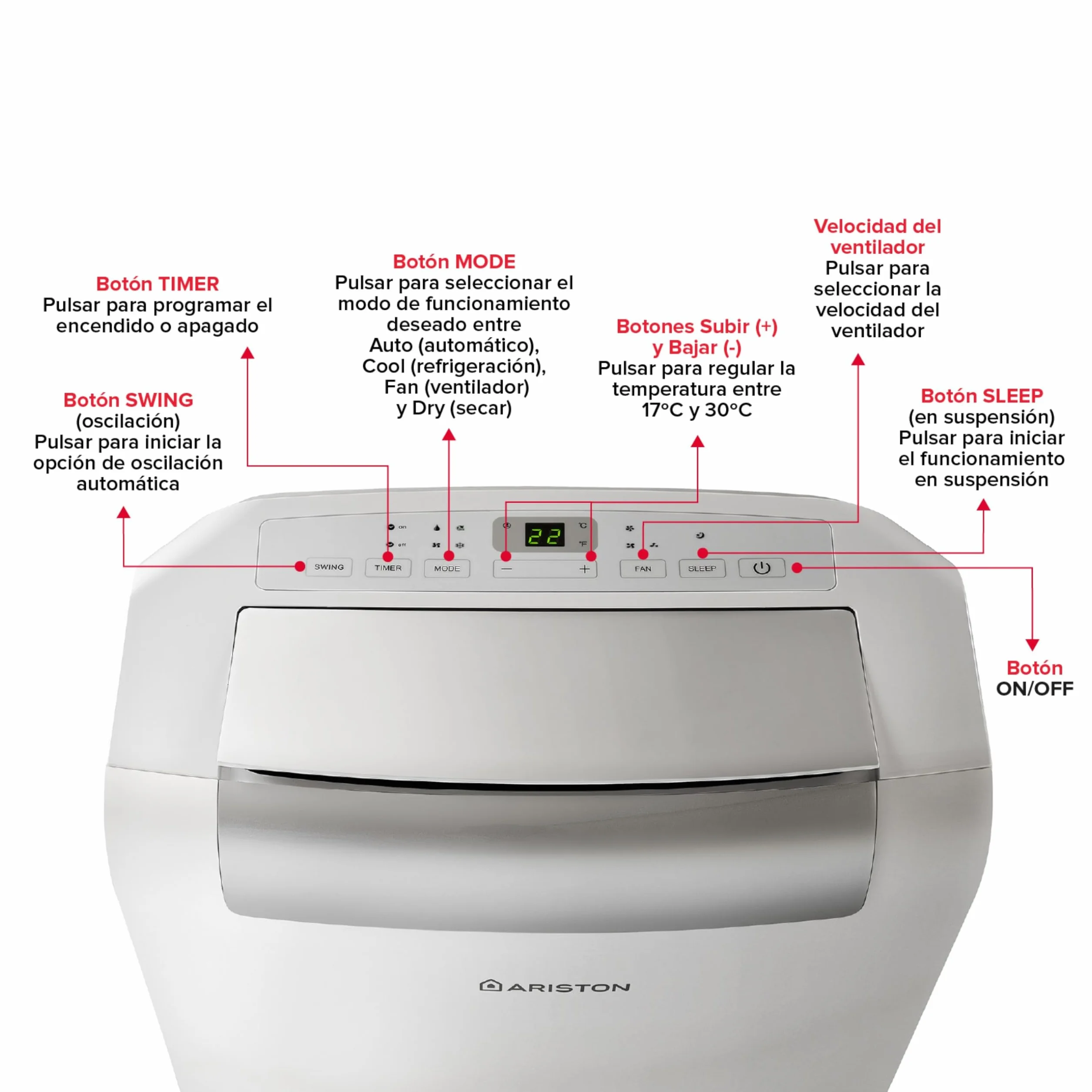 Ariston, Mobis 10- Pinguino Aire Acondicionado Portátil Silencioso con Temporizador y Mando a Distancia, Climatizador 24x69x2.5 Blanco Fabricado para Instalación en España, Eficiencia A+ Rango(A+++/D)
