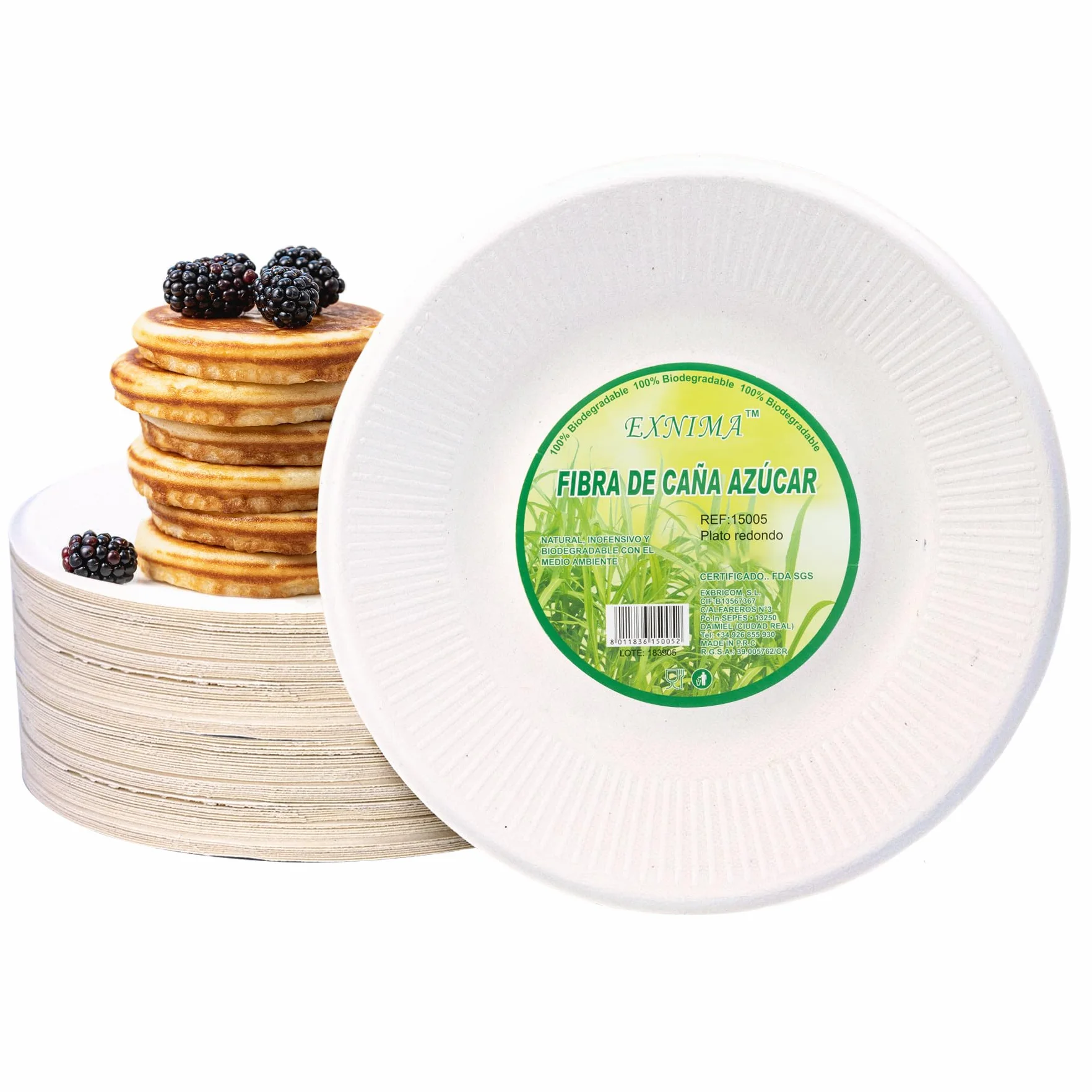 Pack 50, 100, 200, 500 o 1.000 Platos Desechables Biodegradables, Hechos de Fibra de Caña de Azúcar, Natural, 100% Biodegradable, Redondo, Planos, para Comidas, Barbacoa, Fiestas, Cumpleaños.