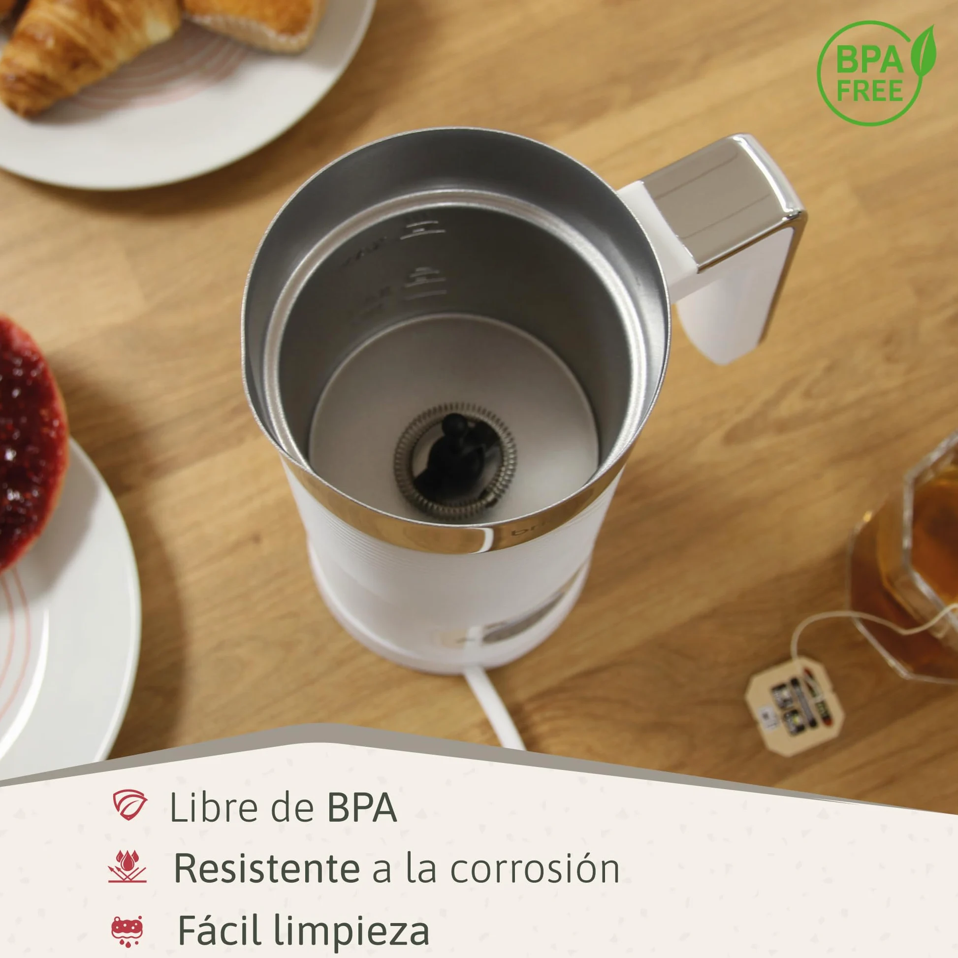 briebe Elegance Espumador de Leche Eléctrico Calentador 4 en 1, Espuma Fría/Caliente 130ml para Café Latte, Capuchino, Macchiato, Leche Caliente 300ml, Milk Frother, Libre BPA, 500W, Diseño Blanco