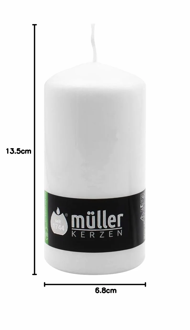Müller - Juego de 6 velas blancas de columna cilíndrica, color blanco, 68 x 135 mm, larga duración de 40 horas, cera antigoteo, sin olor, calidad RAL