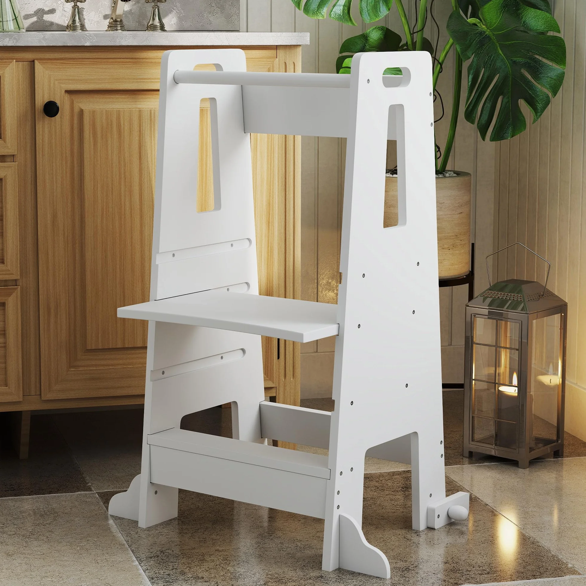 AIYAPLAY Torre de Aprendizaje de Madera para Niños +3 Años Altura Ajustable 3 Niveles Barrera de Seguridad 45x47,5x91 cm Blanco