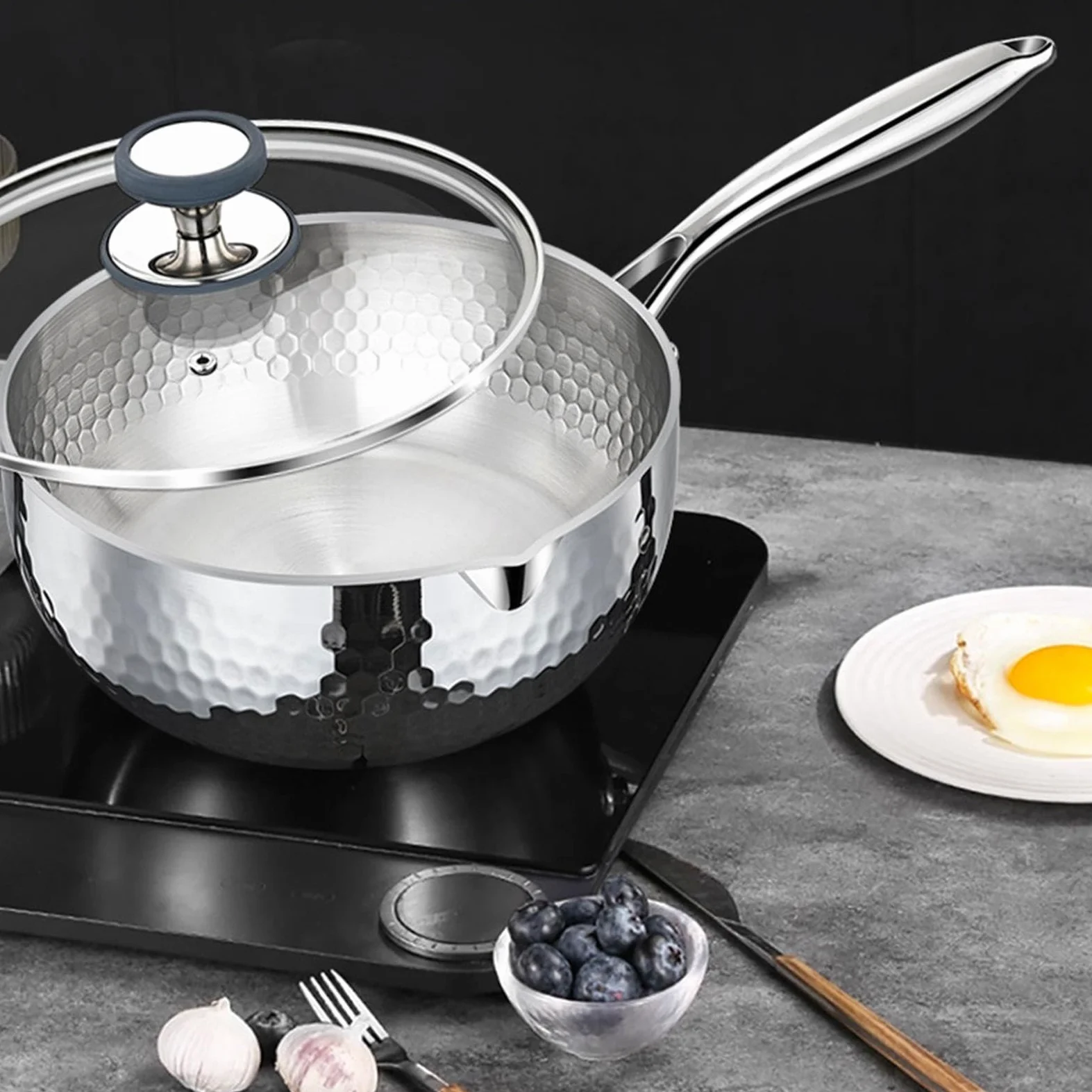 Cazo Con Tapa Antiaderente Con Tapa, Asa Y Vertedor | Cazo Pequeño Para Vapor Y Salsas Cocinar, Freír, Cocción Lenta, Hervir, Sopas, Comidas Saludables, Compatible Con Inducción