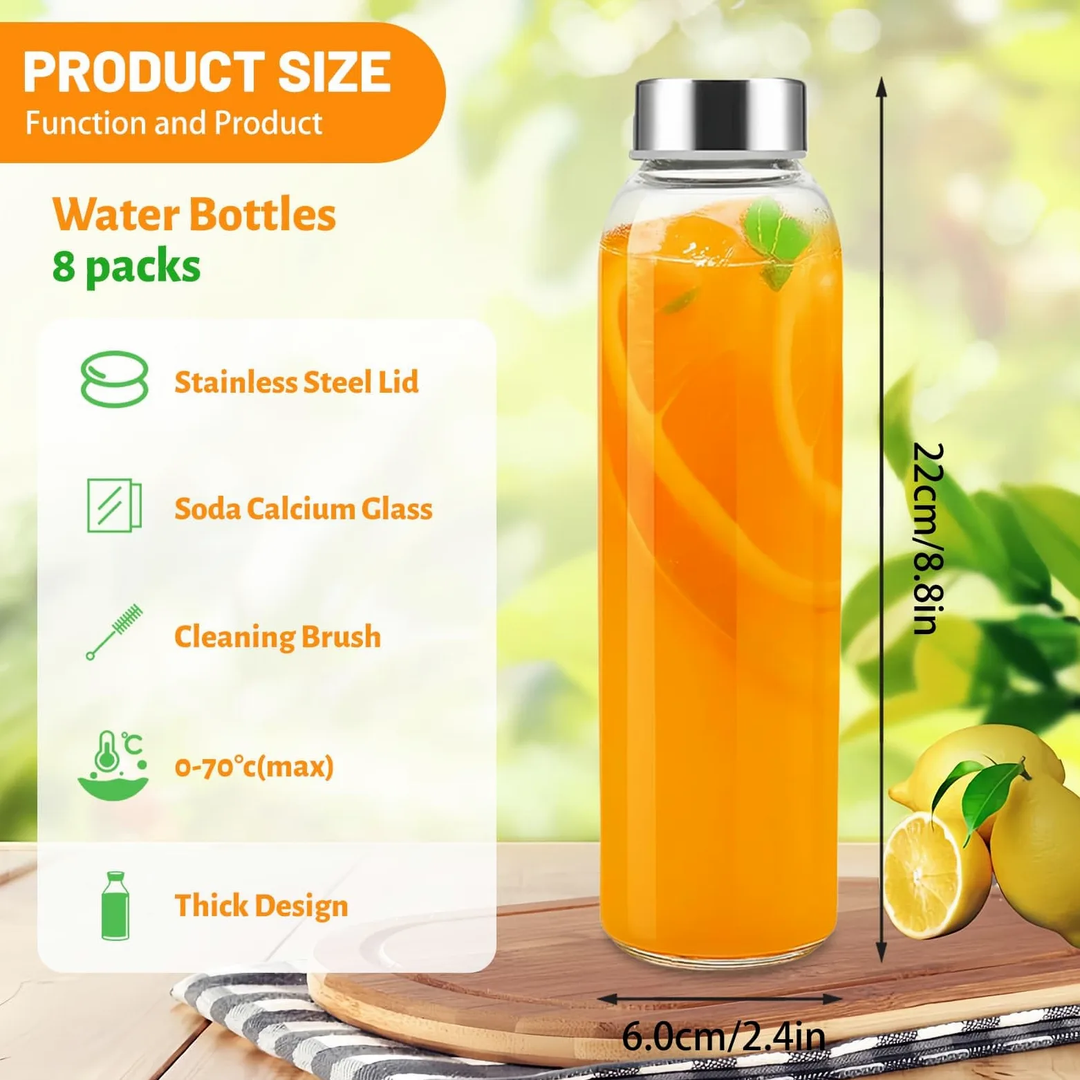 Eidoct 8 botellas de agua de vidrio con tapas, botellas de jugo de vidrio de 500 ml, botella reutilizable a prueba de fugas, botellas de vidrio transparente para jugo, tarro de salsa, bebidas