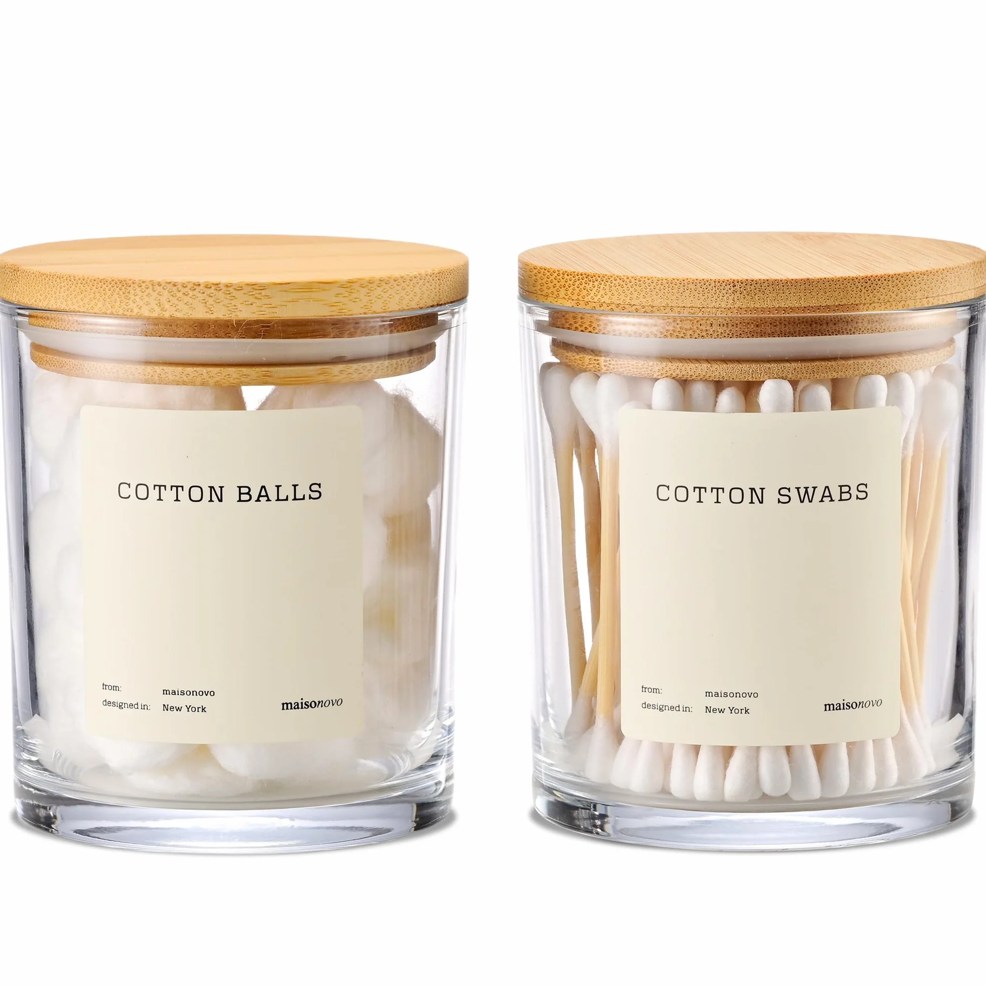 MaisoNovo Qtip Holder - Juego de baño hermético con punta Q y soporte redondo de algodón con tapa para almacenar rondas de algodón, hisopos, púas de hilo dental, lazos para el cabello con etiquetas