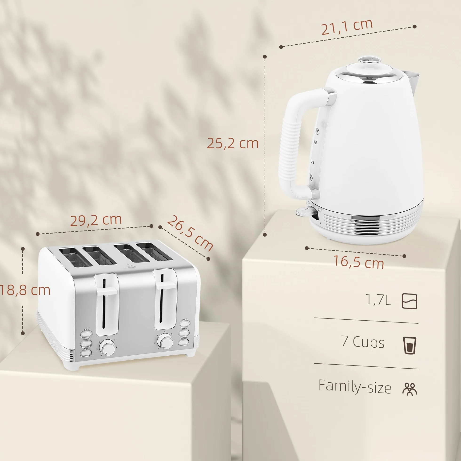 HOMCOM - Juego de hervidor y tostadora (acero inoxidable, 2200 W, 1,7 L, tostadora 4 rebanadas, 7 niveles de bruñido, calentamiento rápido, termostato Strix, filtro antical y bandeja para migajas