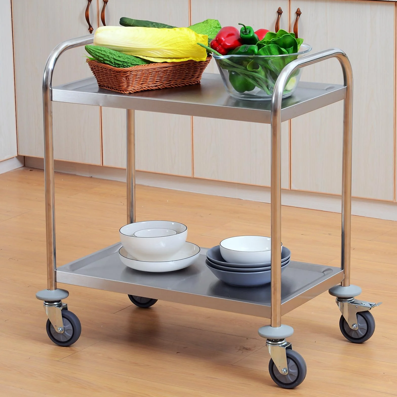 HOMCOM Carrito Auxiliar con Ruedas de Acero Inoxidable 80x45x82 cm Carrito de Cocina con Bandejas y 2 Brazos Carga 100 kg para Comedor Hotel Salón de Belleza Plata