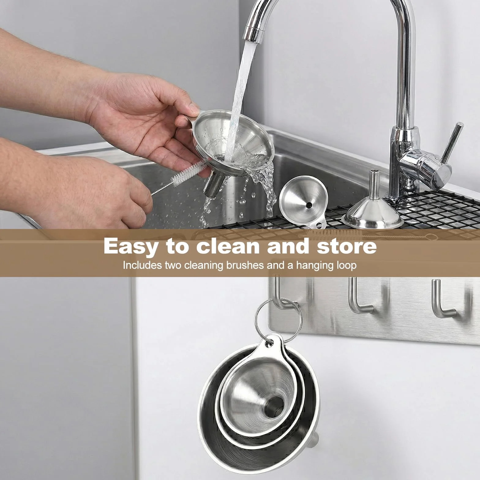 3 Embudos de Acero Inoxidable, Mini Embudos de Cocina con 2 Cepillos de Limpieza, Embudos Pequeños de Cocina con Asa, Embudos de Acero Inoxidable para Líquidos y Polvos