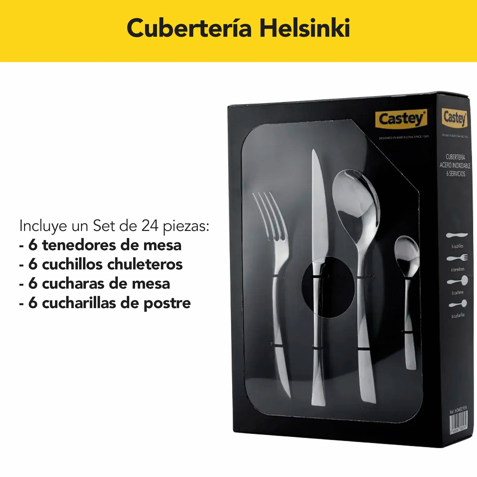 CASTEY - Cubertería Helsinki 24 Piezas, Acero Inoxidable, Diseño Escandinavo Minimalista, Acabado Pulido, Incluye 6 Tenedores, 6 Cuchillos Chuleteros, 6 Cucharas y 6 Cucharillas de Postre