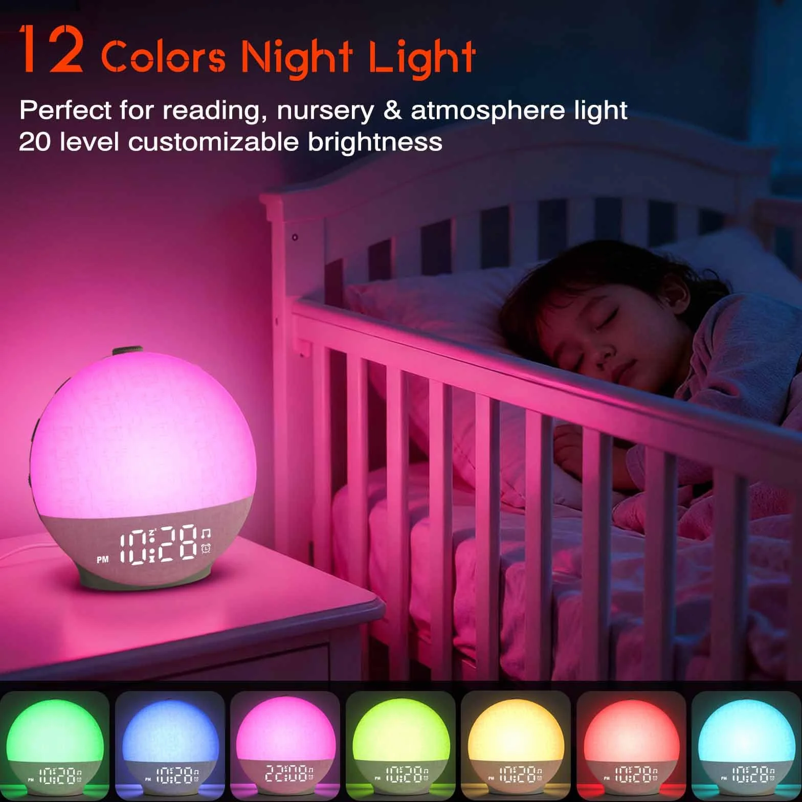 Reloj Despertador con Simulación de Amanecer, Despertador con Lámpara LED de Noche, 30 Efectos de Sonido Que Ayudan a Dormir, Función Temporizador y Snooze