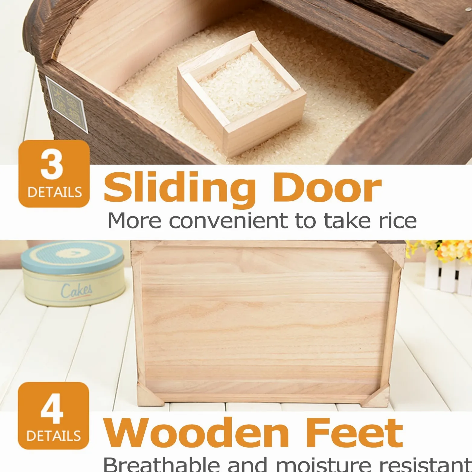Botes Cocina Almacenaje Caja Dispensador De Arroz De Madera - Comida Seca/Grano/Harina/Frijol/Cereal, Caja De Almacenamiento Sellada con Tapa, Gabinetes De Despensa Domésticos De Cocina, Gran