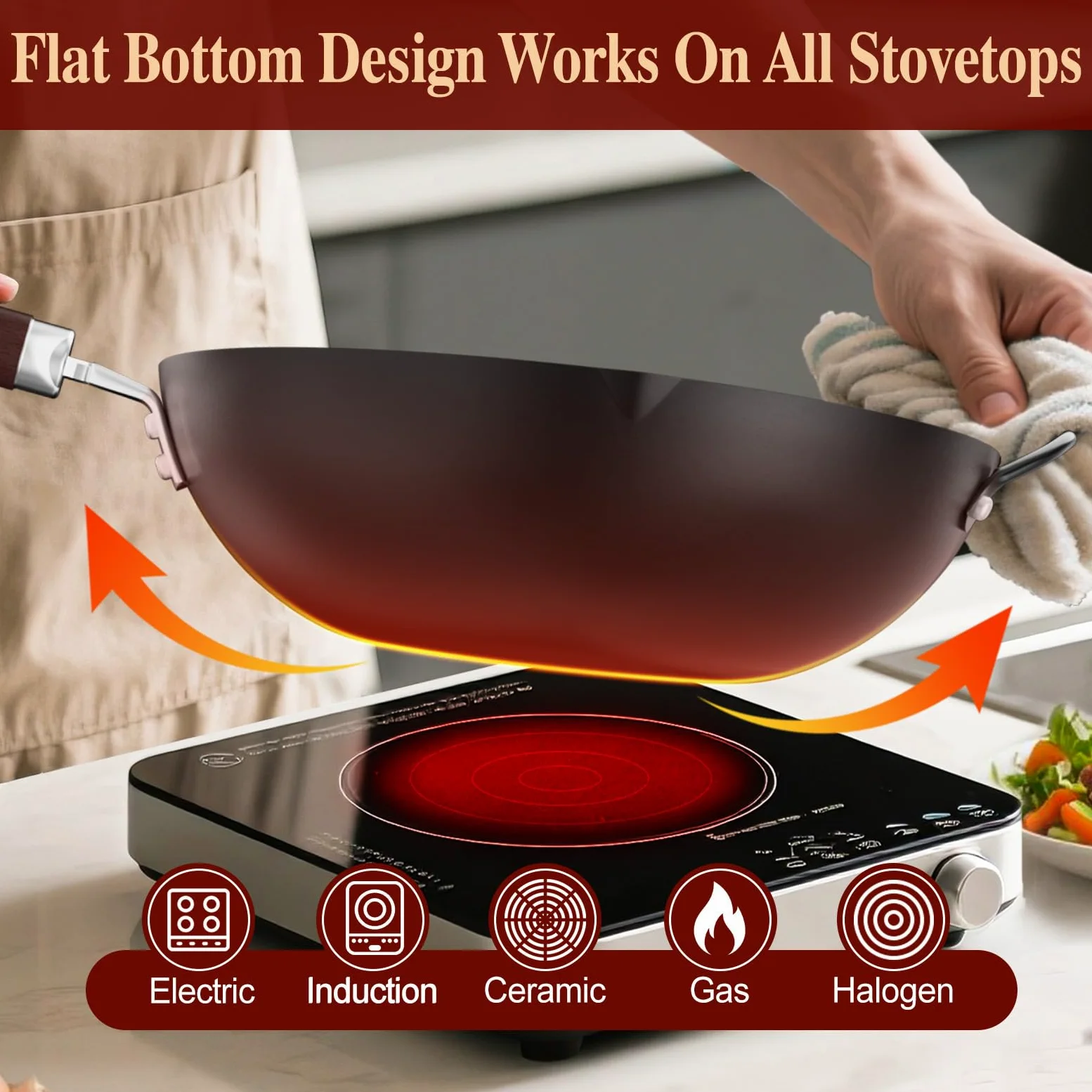 Jobin 32 cm Wok de Acero al Carbono con Tapa, Asas de Madera y Acero, Puede Cocinar Platos Asiáticos Para 3-5 Personas - Fondo Plano