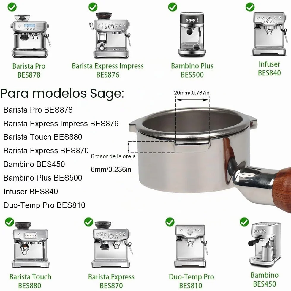 Portafiltro sin fondo 54 mm Compatible Sage/Breville Barista 870/878/880, asa de madera