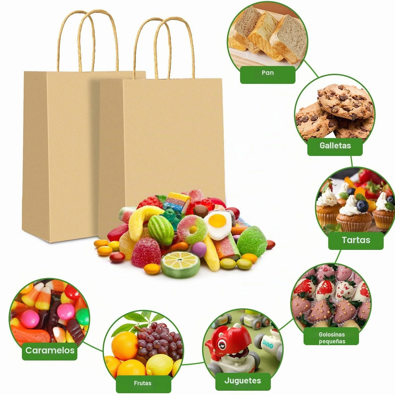 Gucass 50 Pieza Pequeñas Bolsas Papel Kraft con Asas, Marrón Bolsas de Papel Regalo, 15x8x21cm, Bolsitas de Regalos para Embalaje de Regalo, la Compra, Navidad Fiestas de Cumpleaños Bodas