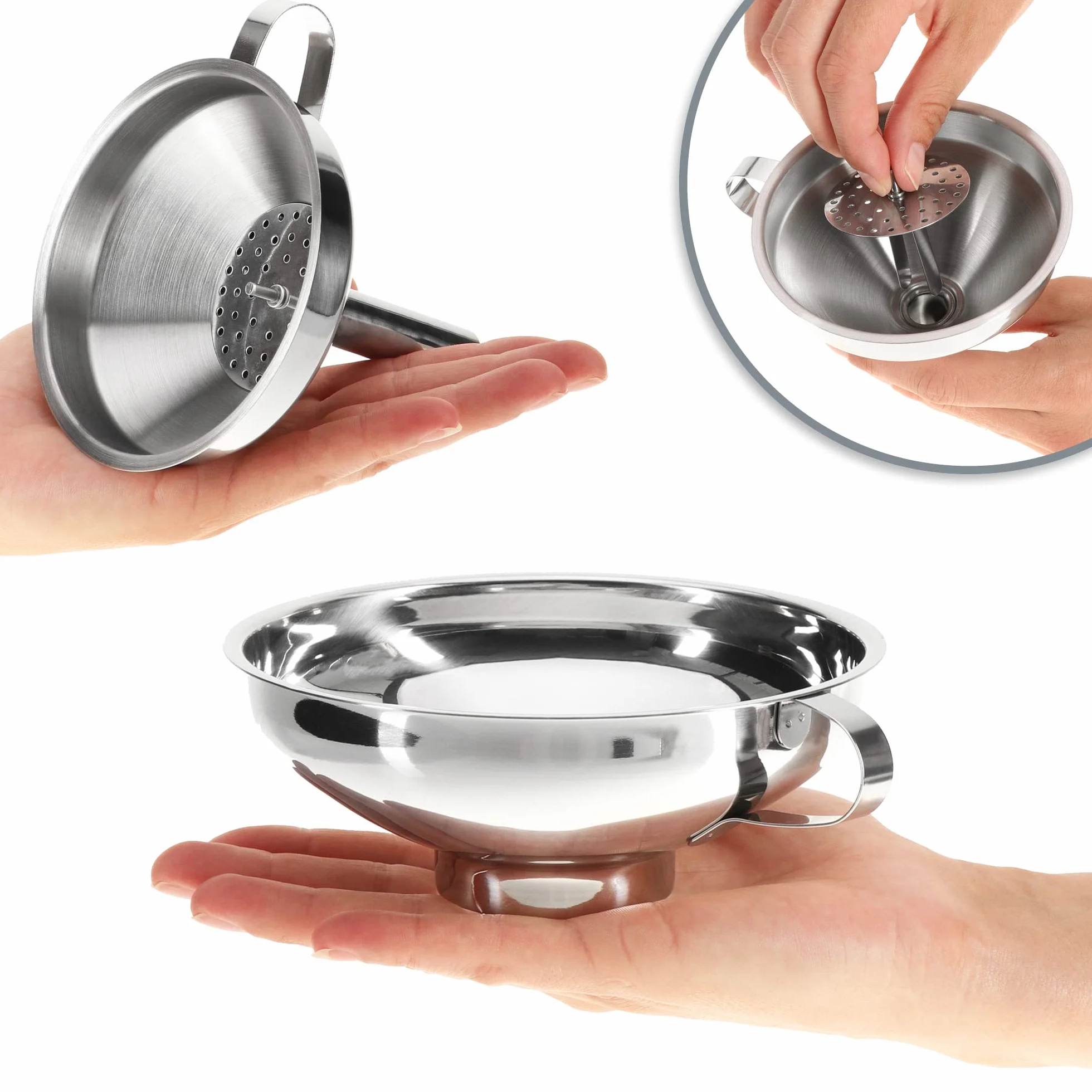 COM-FOUR® 2x Juego de embudos de acero inoxidable - embudo con tamiz para conservar los tarros al hervir - embudo (02 piezas - mezcla de acero inoxidable)